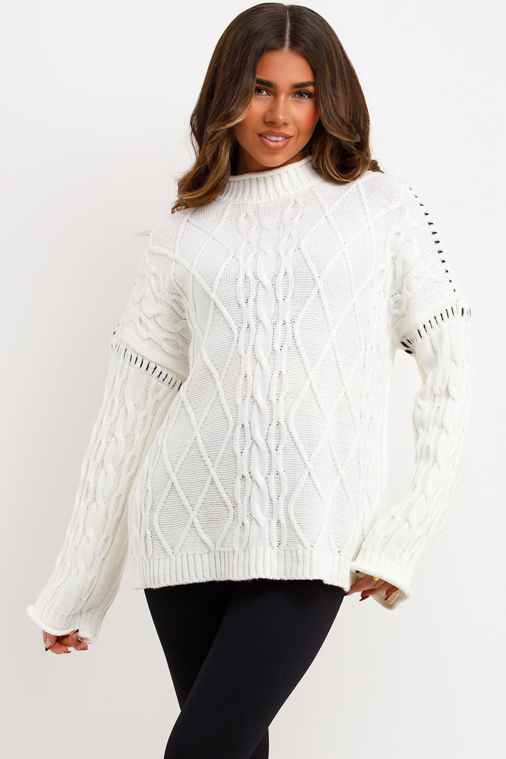 contrast stitch cable knit jumper cream