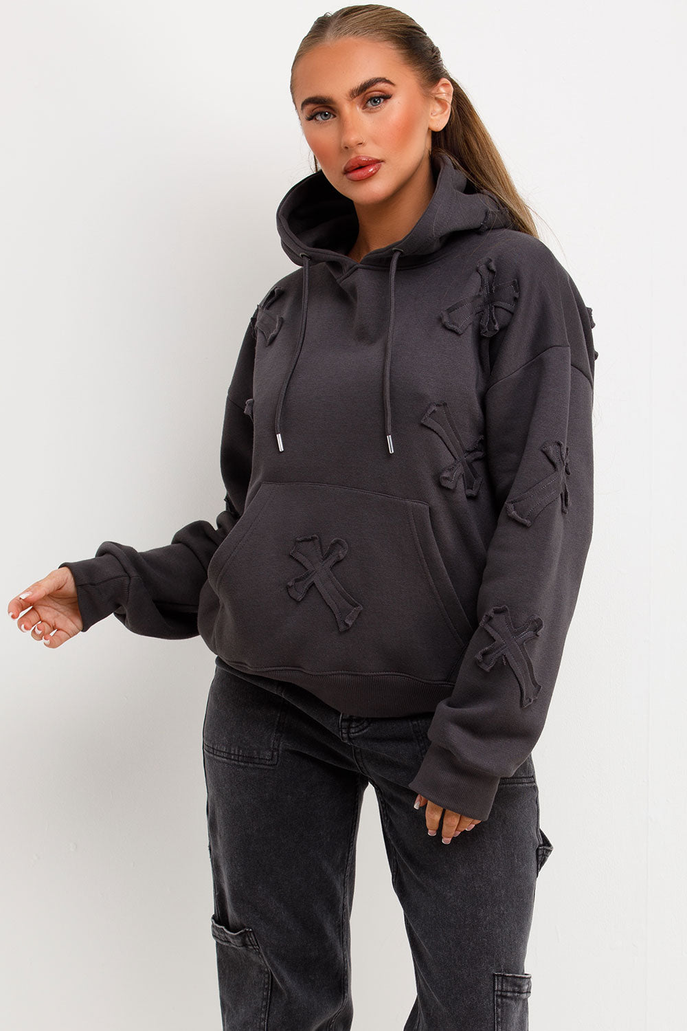 womens cross applique hoodie