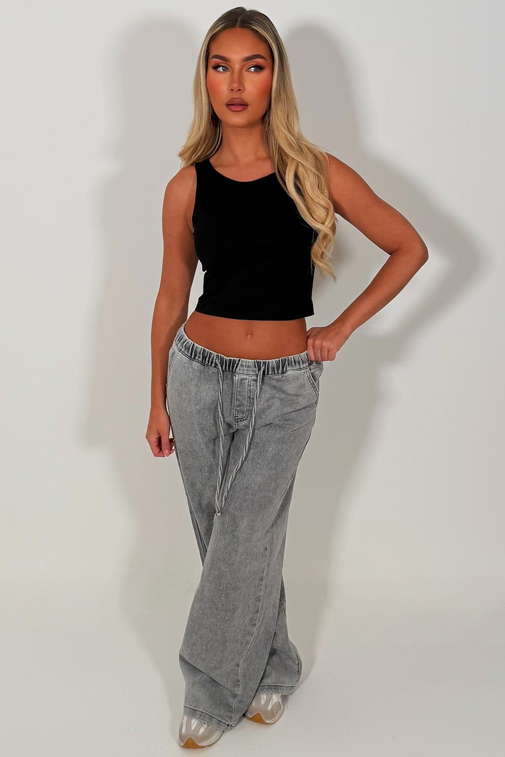 womens zara wide leg baggy jeans with elastic drawstring waistband sale uk