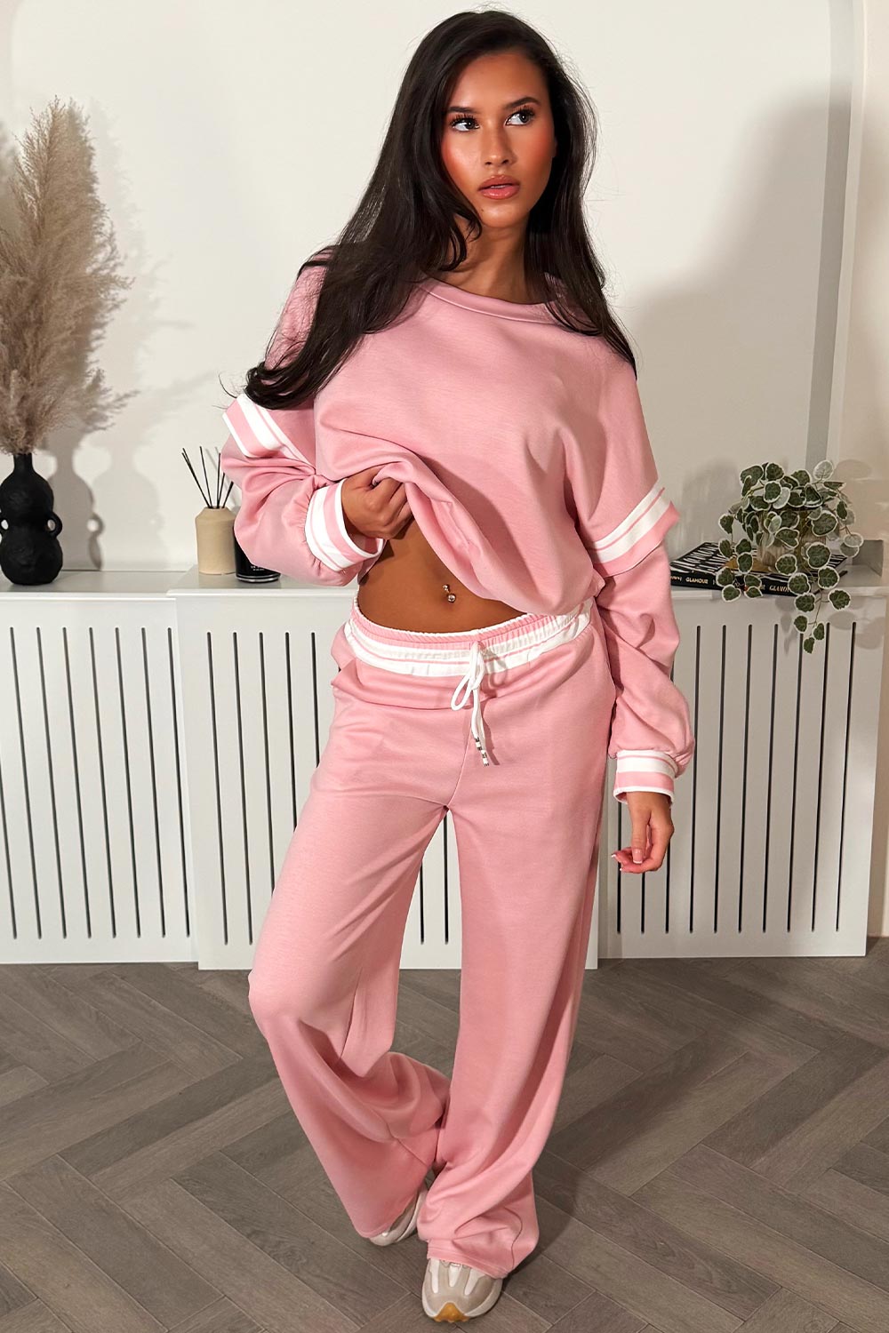 womens wide leg joggers and oversized sweatshirt co ord set with stripe styledup