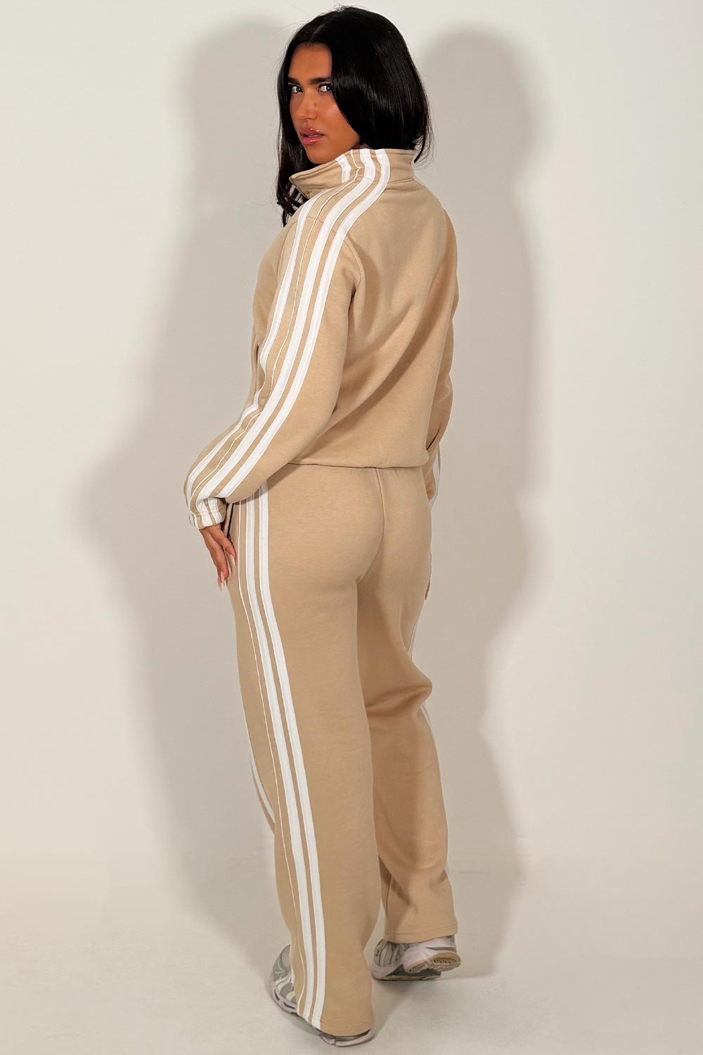 womens zip up sweatshirt and wide leg joggers tracksuit lounge set with side stripes oatmeal