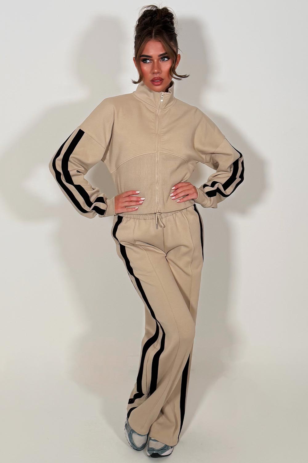 zip up sweatshirt and wide leg joggers womens tracksuit with side stripe perfect comfy cosy airport outfit for womens