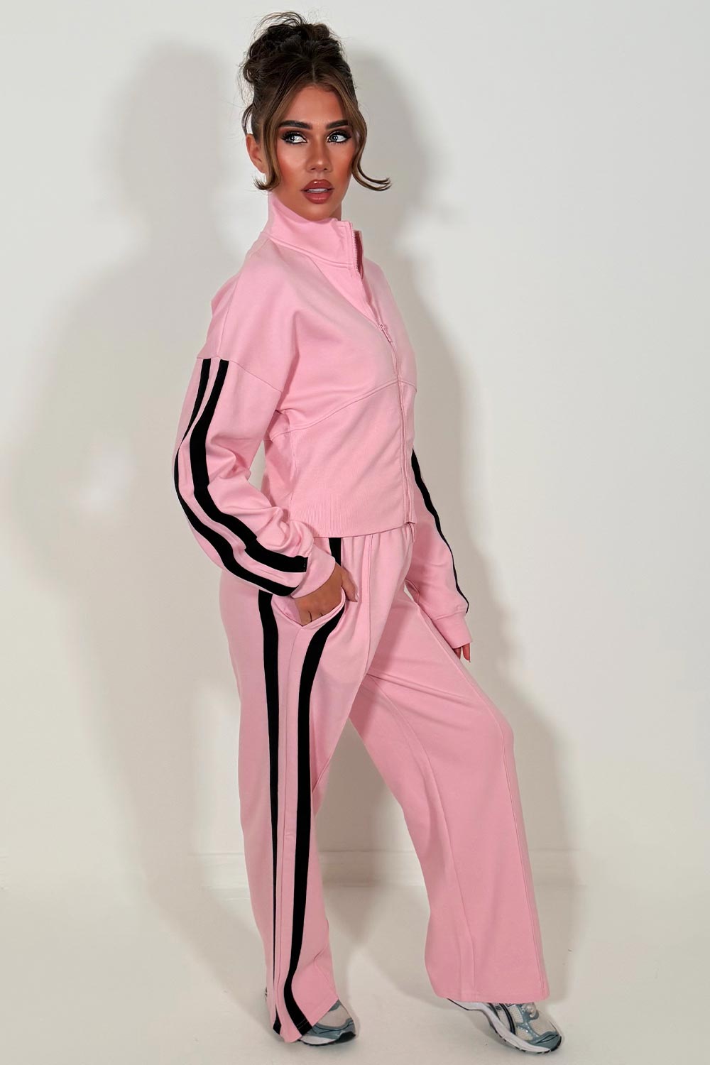 zip up sweatshirt and wide leg joggers womens tracksuit with side stripe perfect comfy cosy airport outfit for womens