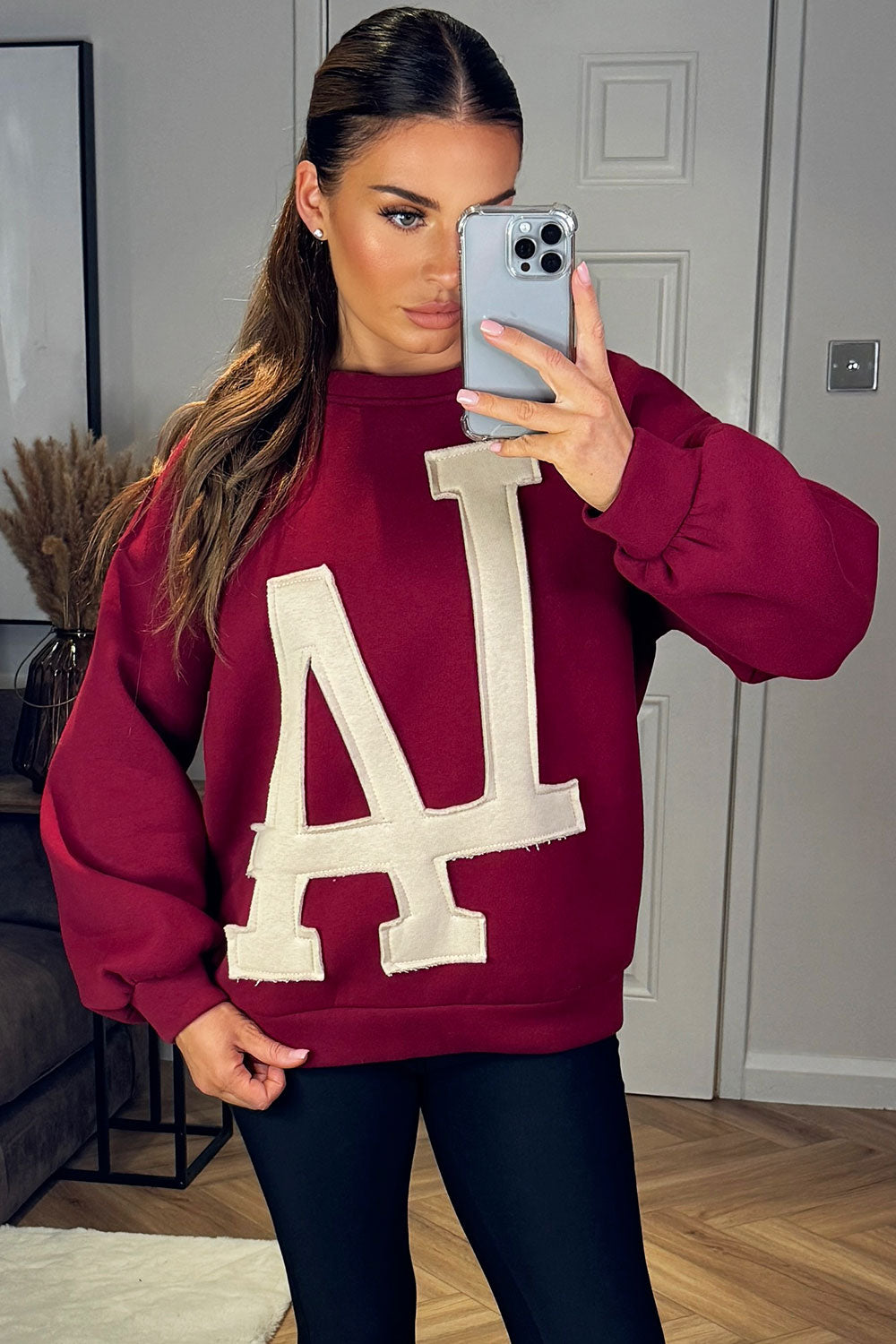 womens burgundy round neck long sleeve jumper la sweatshirt