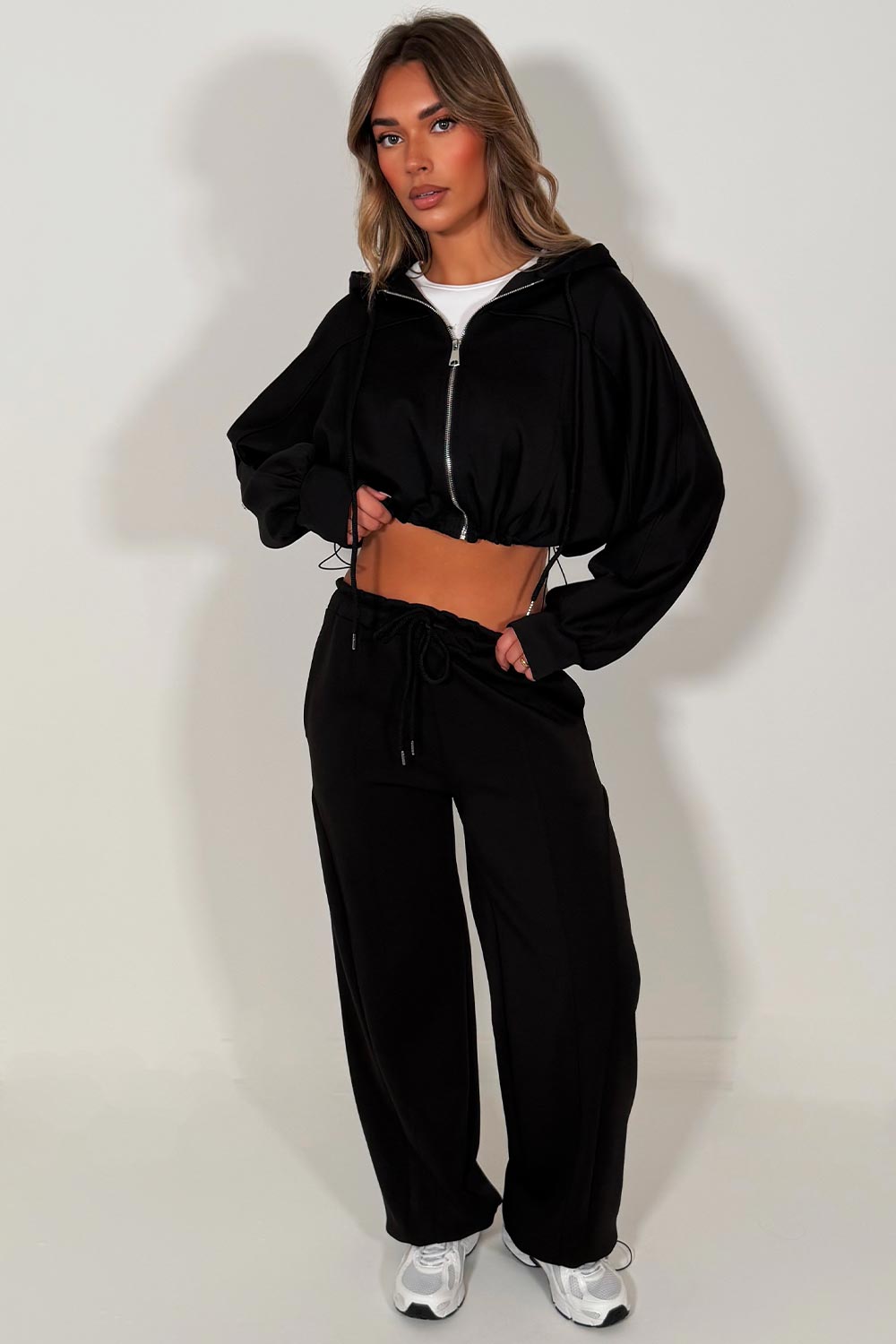 womens black oversized zip up crop hoodie and joggers tracksuit co ord set styledup