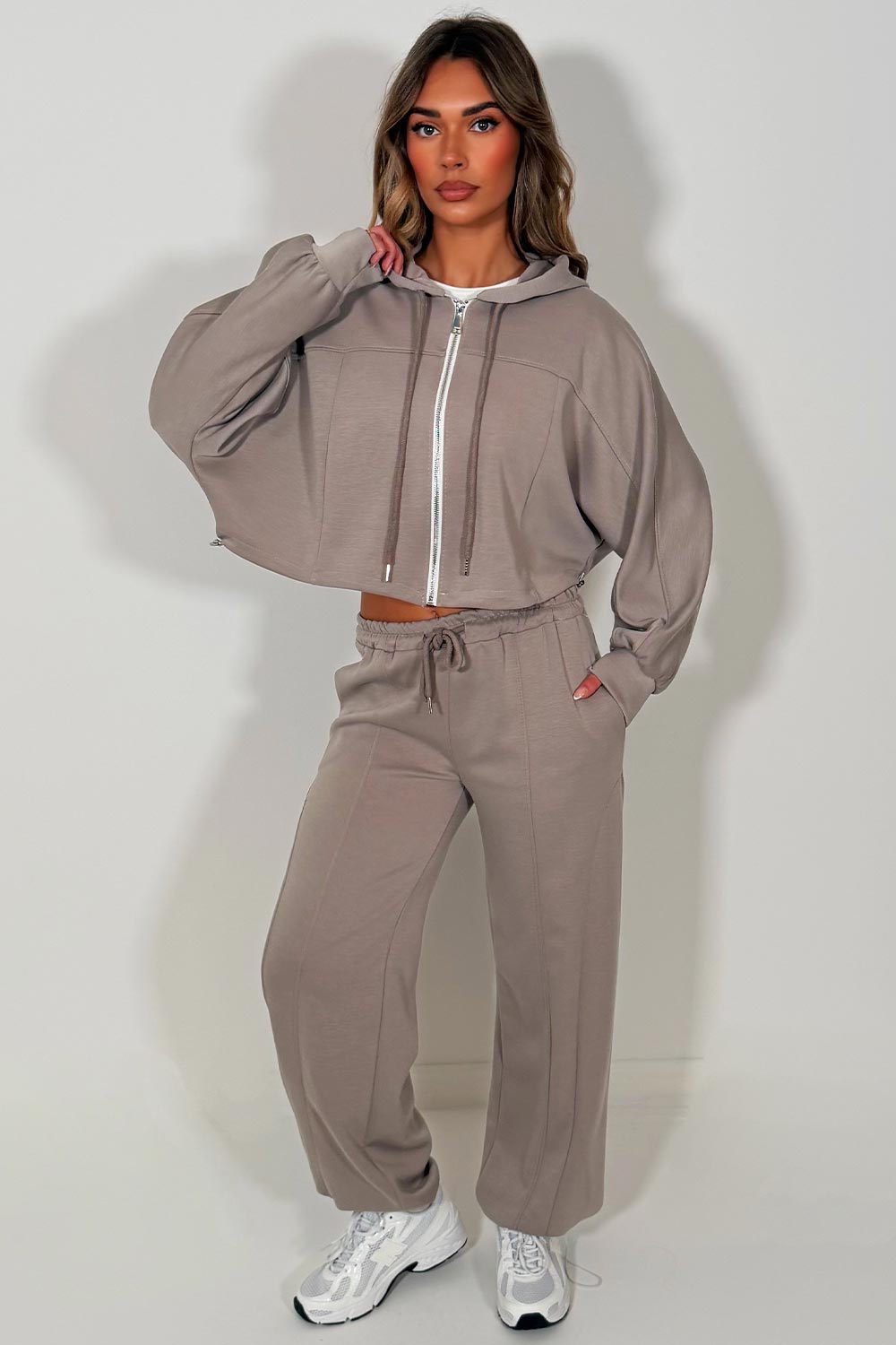 dove grey oversized zip up crop hoodie and joggers tracksuit co ord for womens casual outfit airport outfit styledup