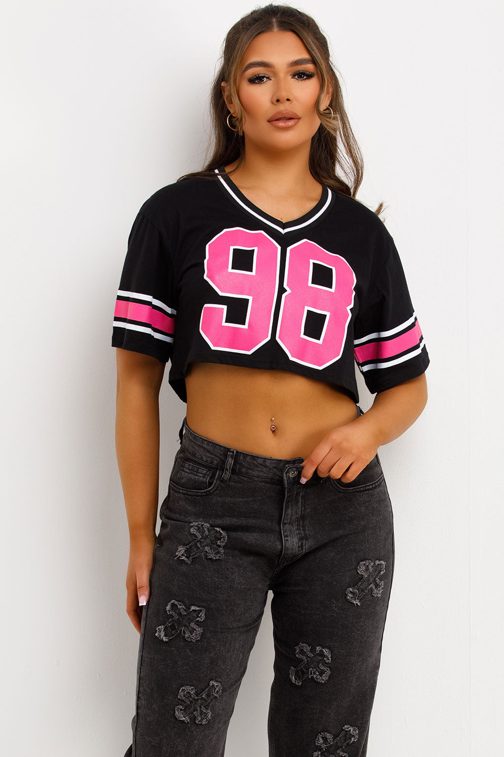 womens crop jersey top with 98 print