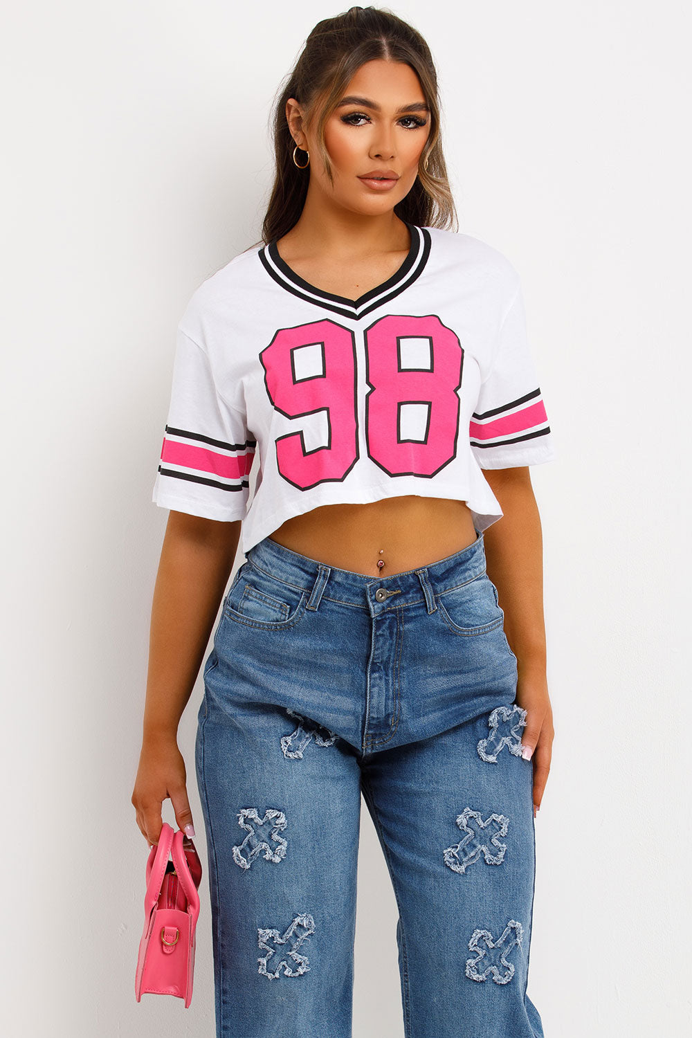 crop baseball top with 98 print womens football jersey