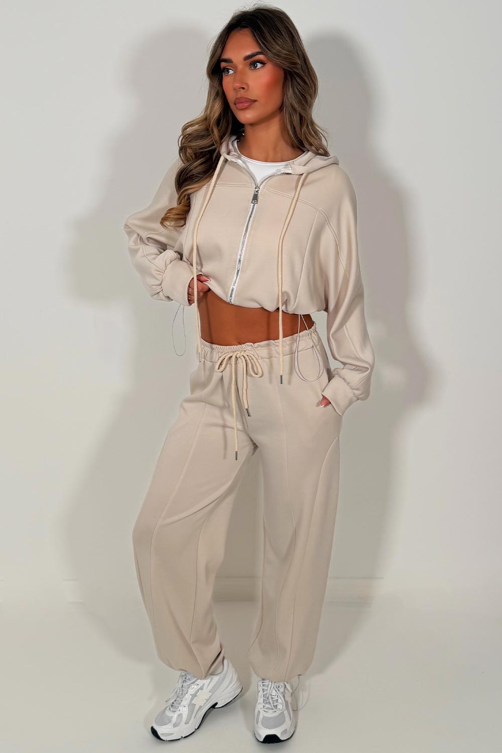 womens oatmeal zip up oversized hoodie and joggers two piece tracksuit co ord set styledup