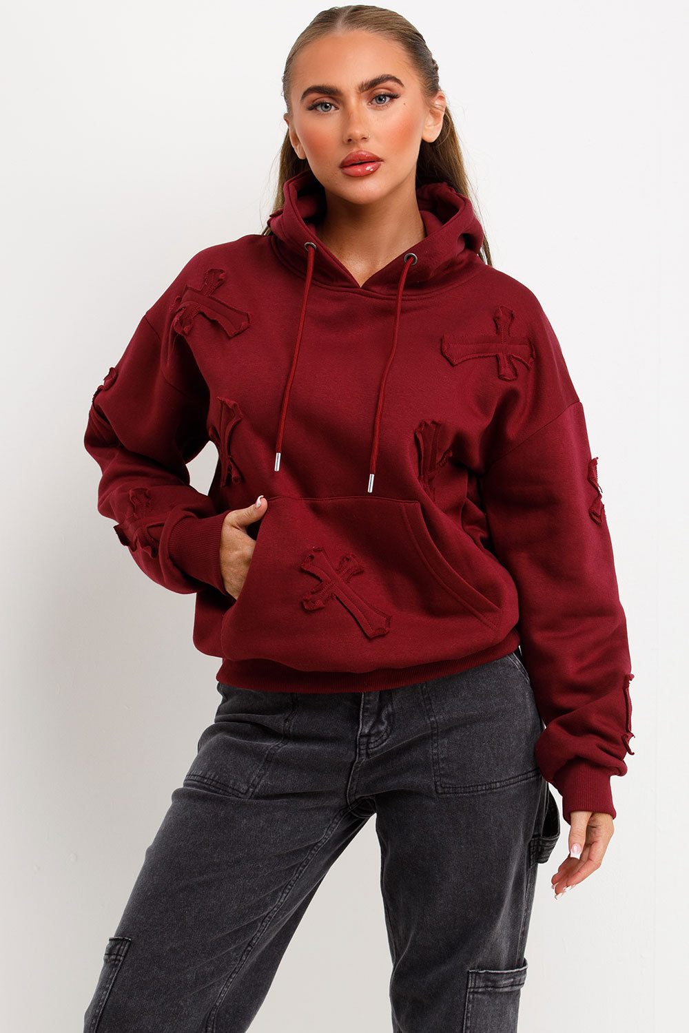 womens cross applique hoodie with kangaroo pockets