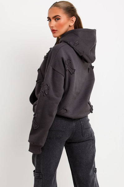 Womens's Hoodie With Cross Applique Embroidery Charcoal Grey