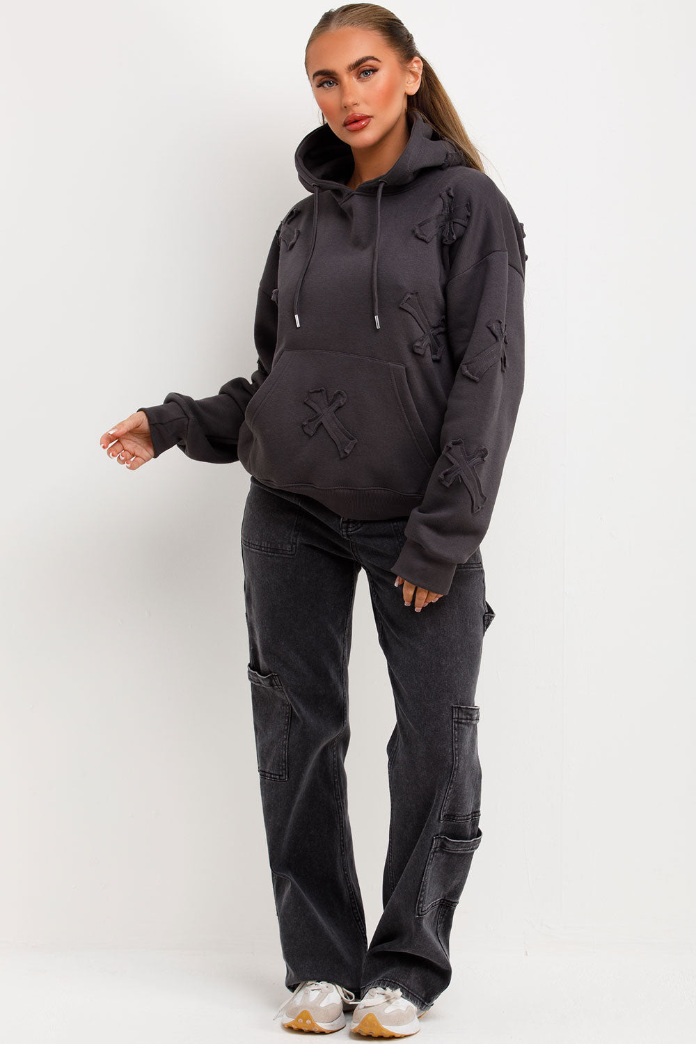 womens cross applique hoodie with kangaroo pockets