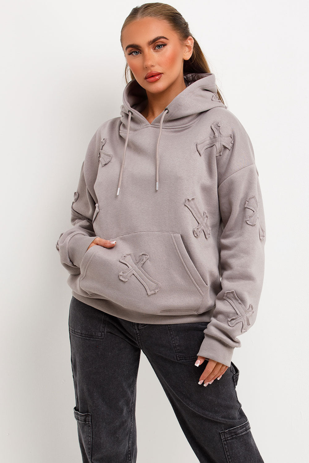 cross applique hoodie with kangaroo pockets styledup