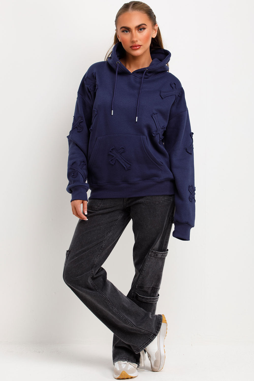 cross applique hoodie with kangaroo pockets styledup