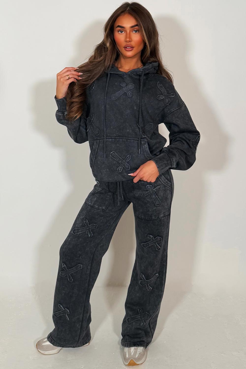 womens cross hoodie and wide leg joggers loungewear co ord set styledup