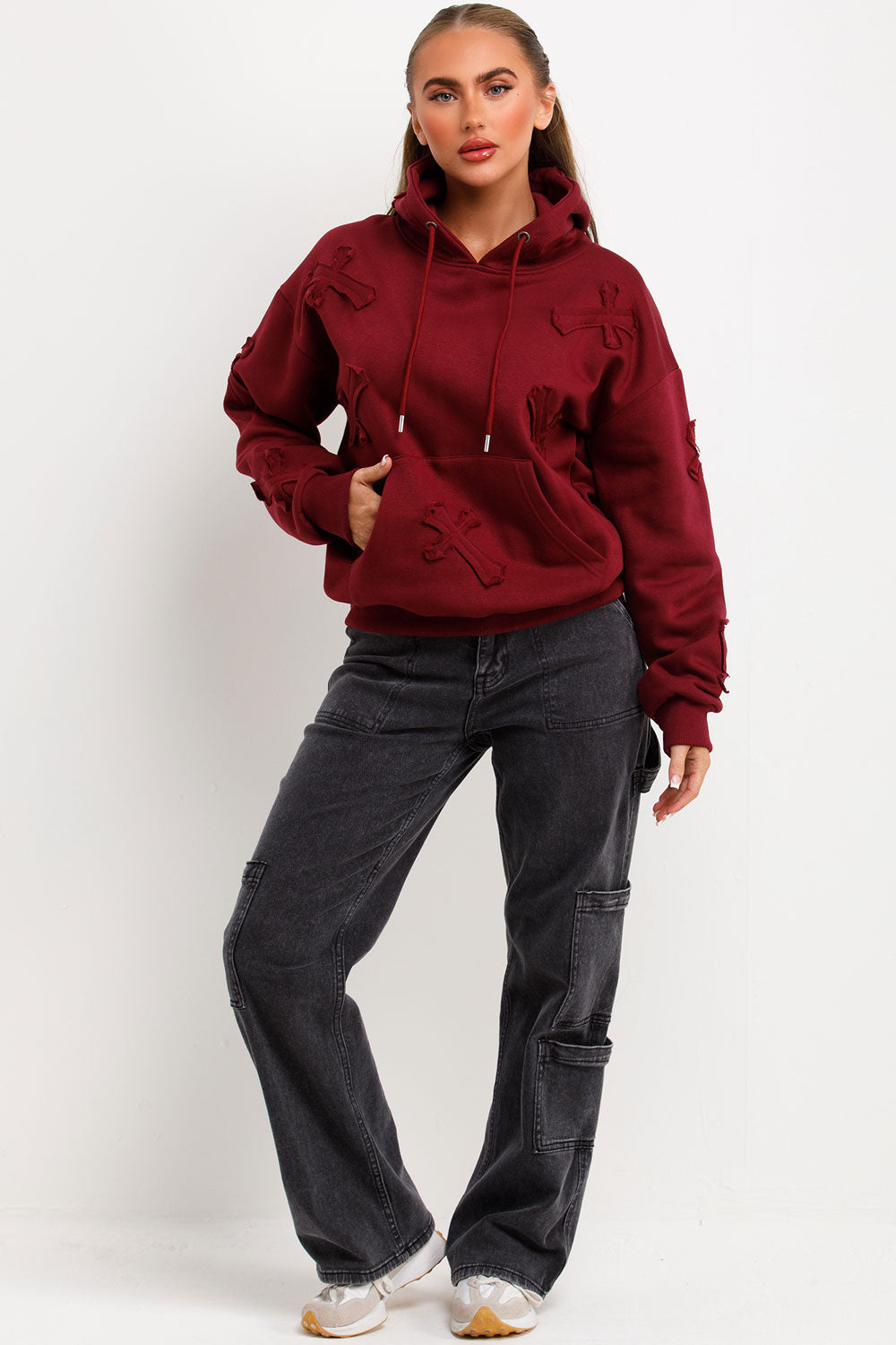 womens cross applique hoodie
