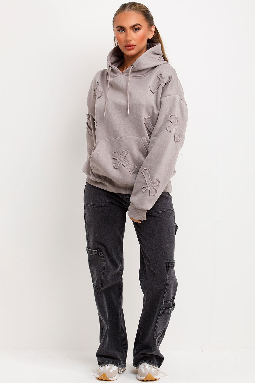 womens oversized hooded sweatshirt with cross applique