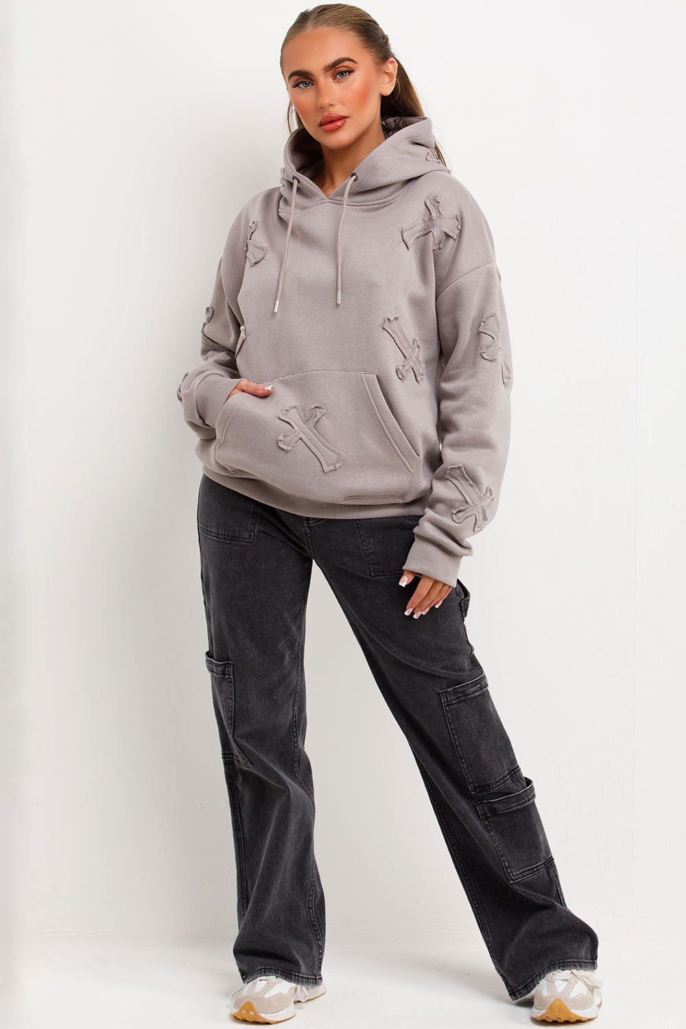 womens cross applique hoodie with kangaroo pockets