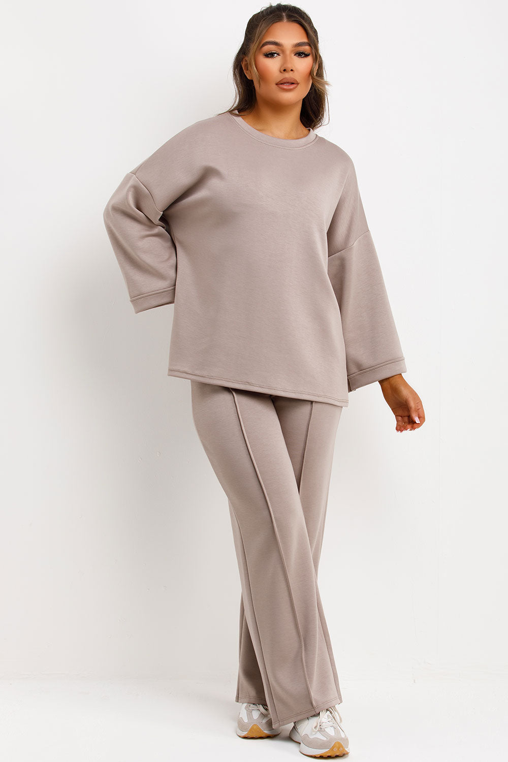seam detail trousers and long sleeve top co ord loungewear set mocha