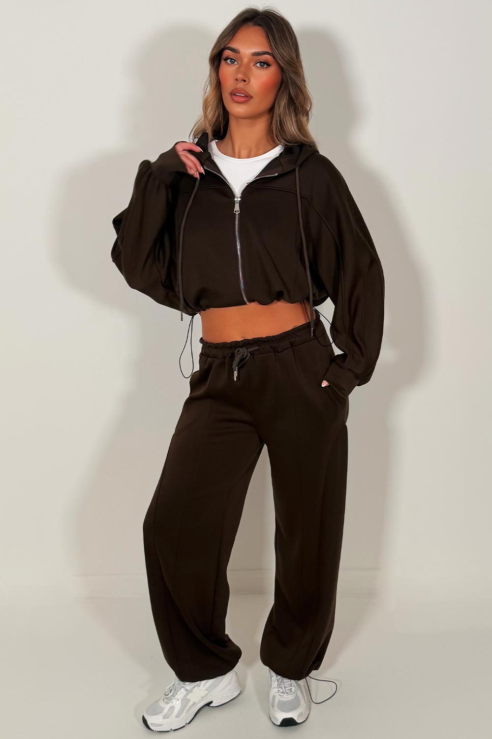 womens brown zip up crop hoodie and joggers two piece tracksuit lounge set styledup
