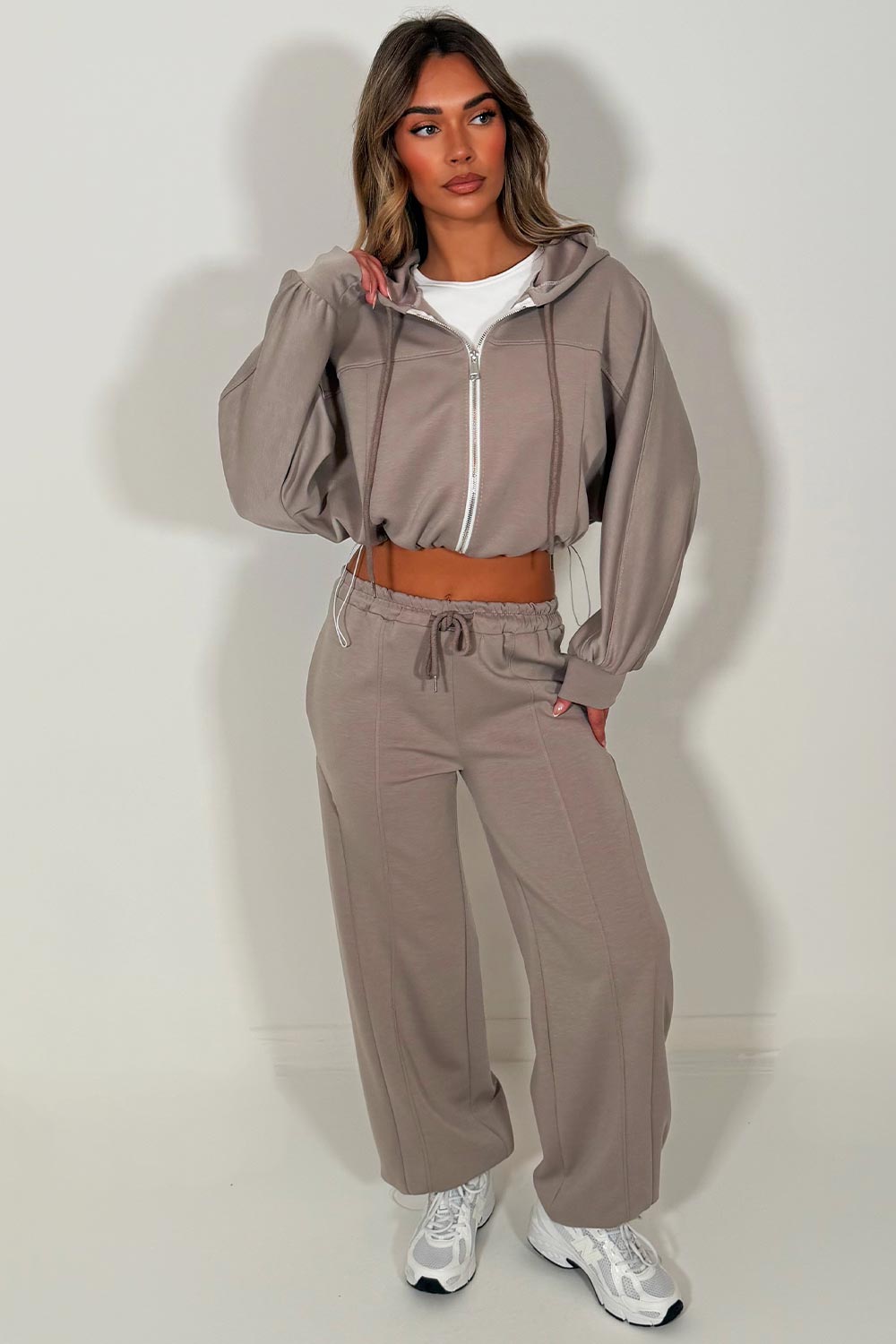 womens dove grey oversized zip up crop hoodie and joggers tracksuit co ord set styledup
