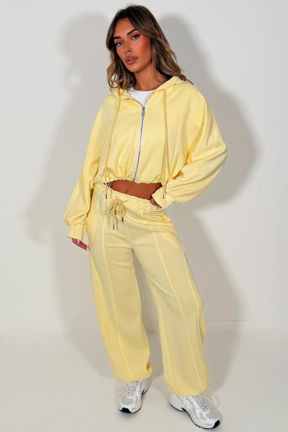 womens yellow zip up crop hoodie and joggers two piece tracksuit lounge set styledup