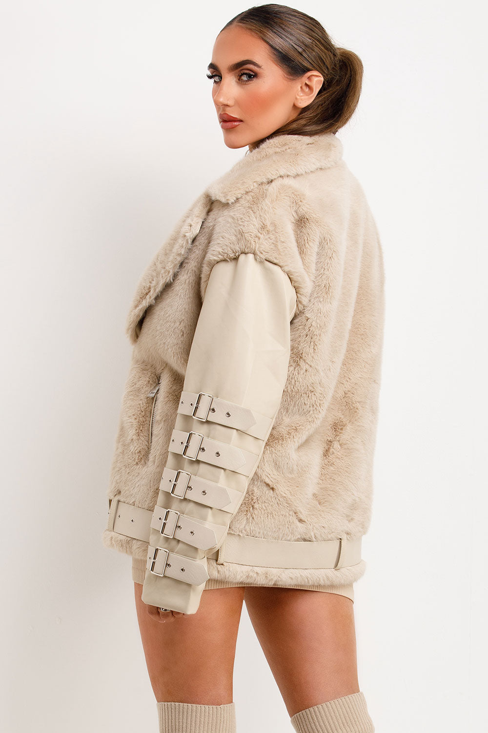 faux leather faux fur jacket with buckle and belt detail styledup