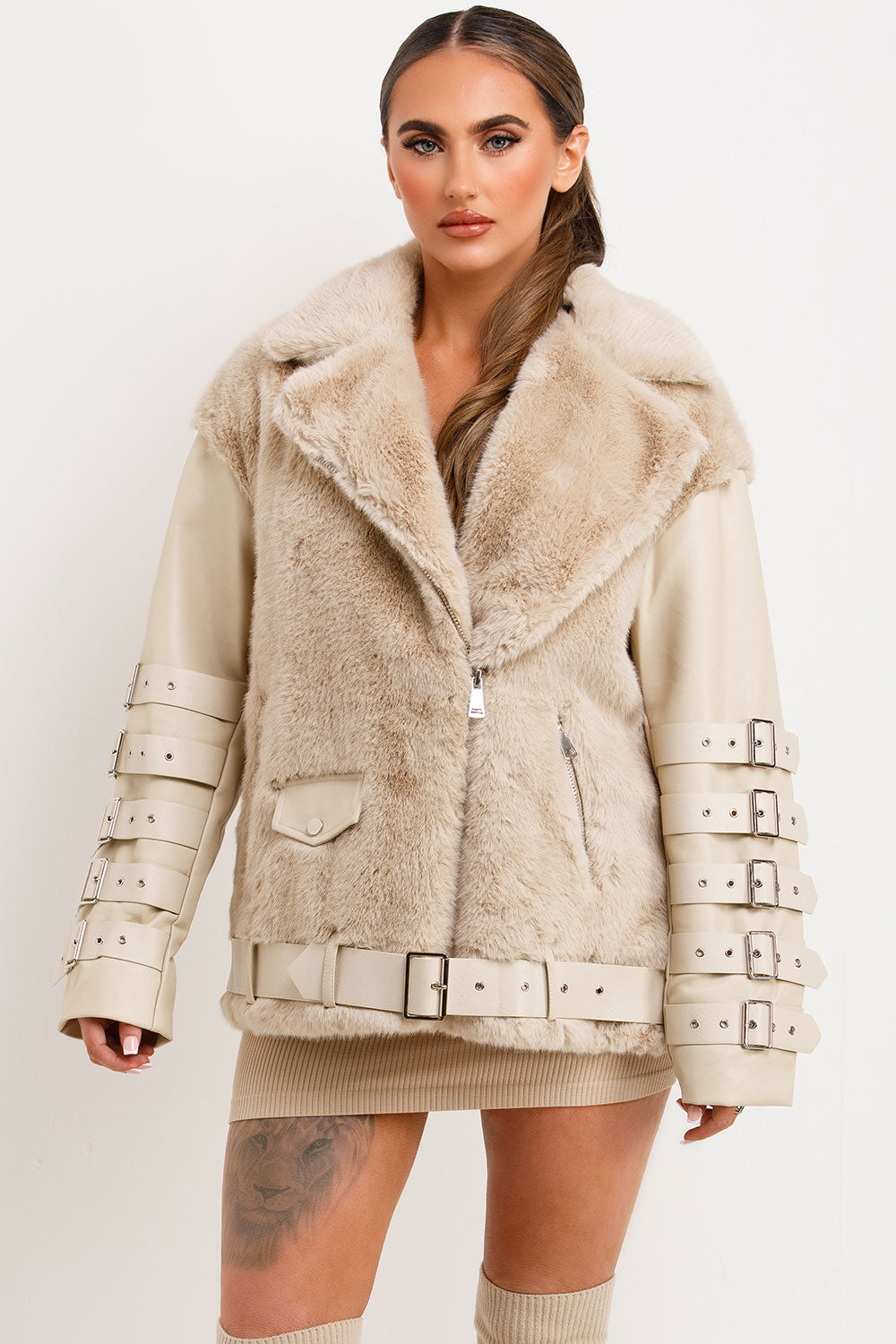 faux fur faux leather aviator jacket womens styledup