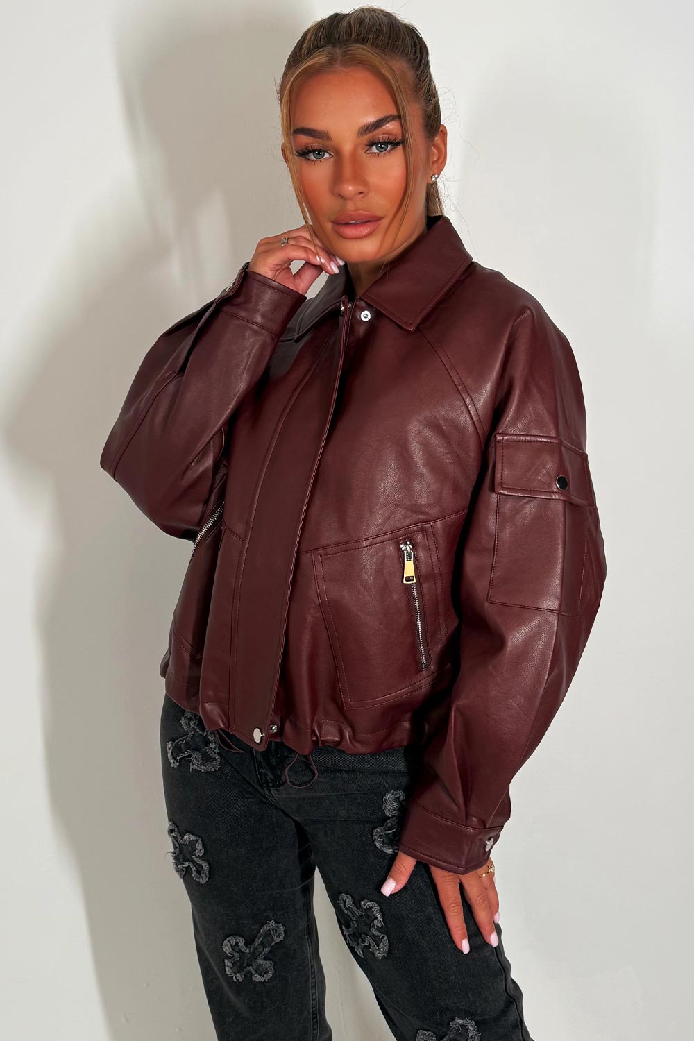 womens jacket in faux leather burgundy zara uk