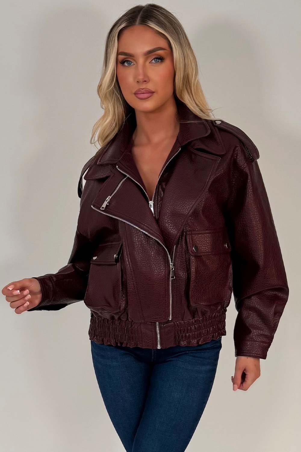 zara womens burgundy faux leather aviator jacket styledup uk