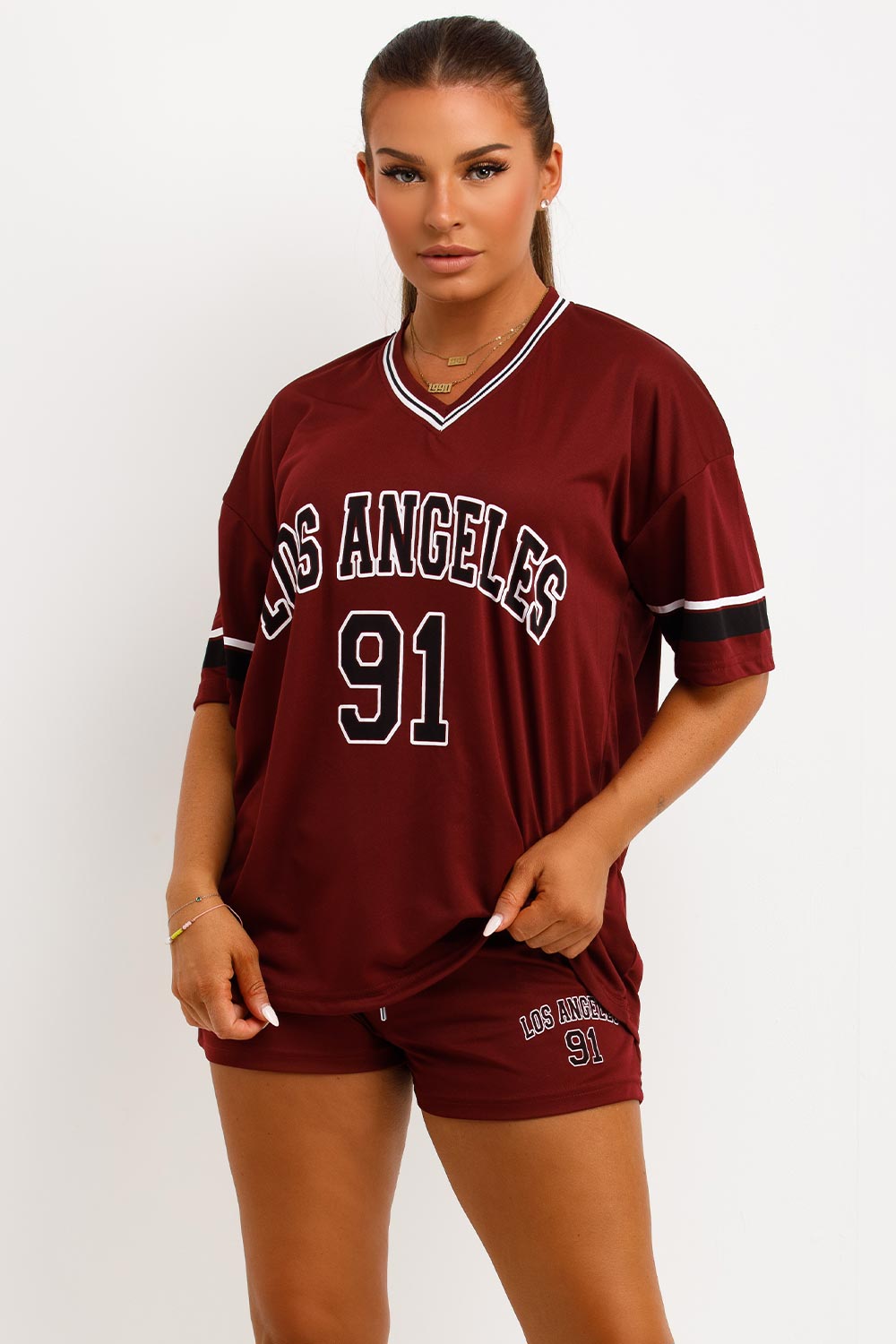 womens oversized foot ball jersey t shirt and matching shorts two piece co ord set styledup