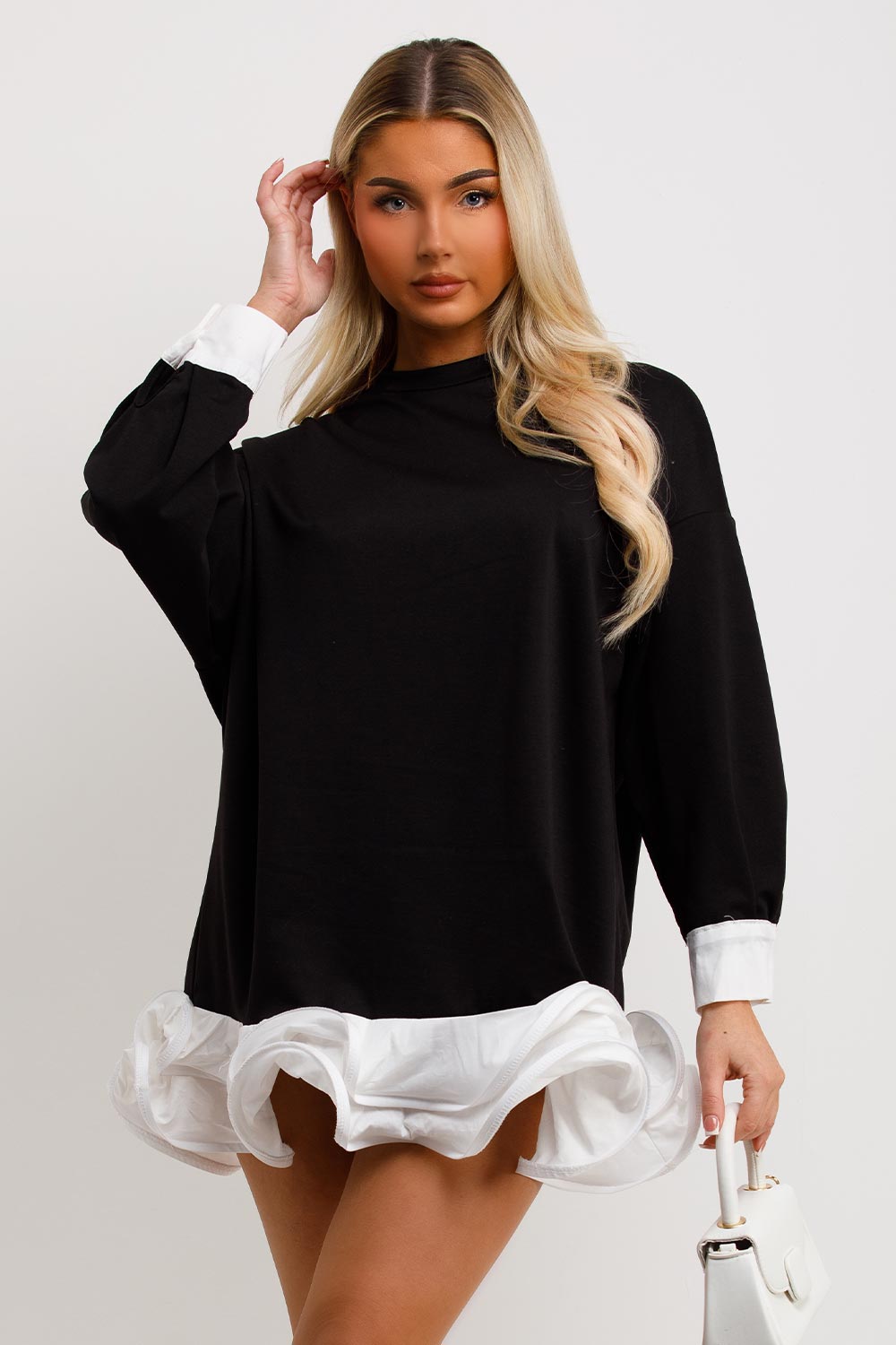 sweatshirt dress with frill hem going out long sleeve outfit