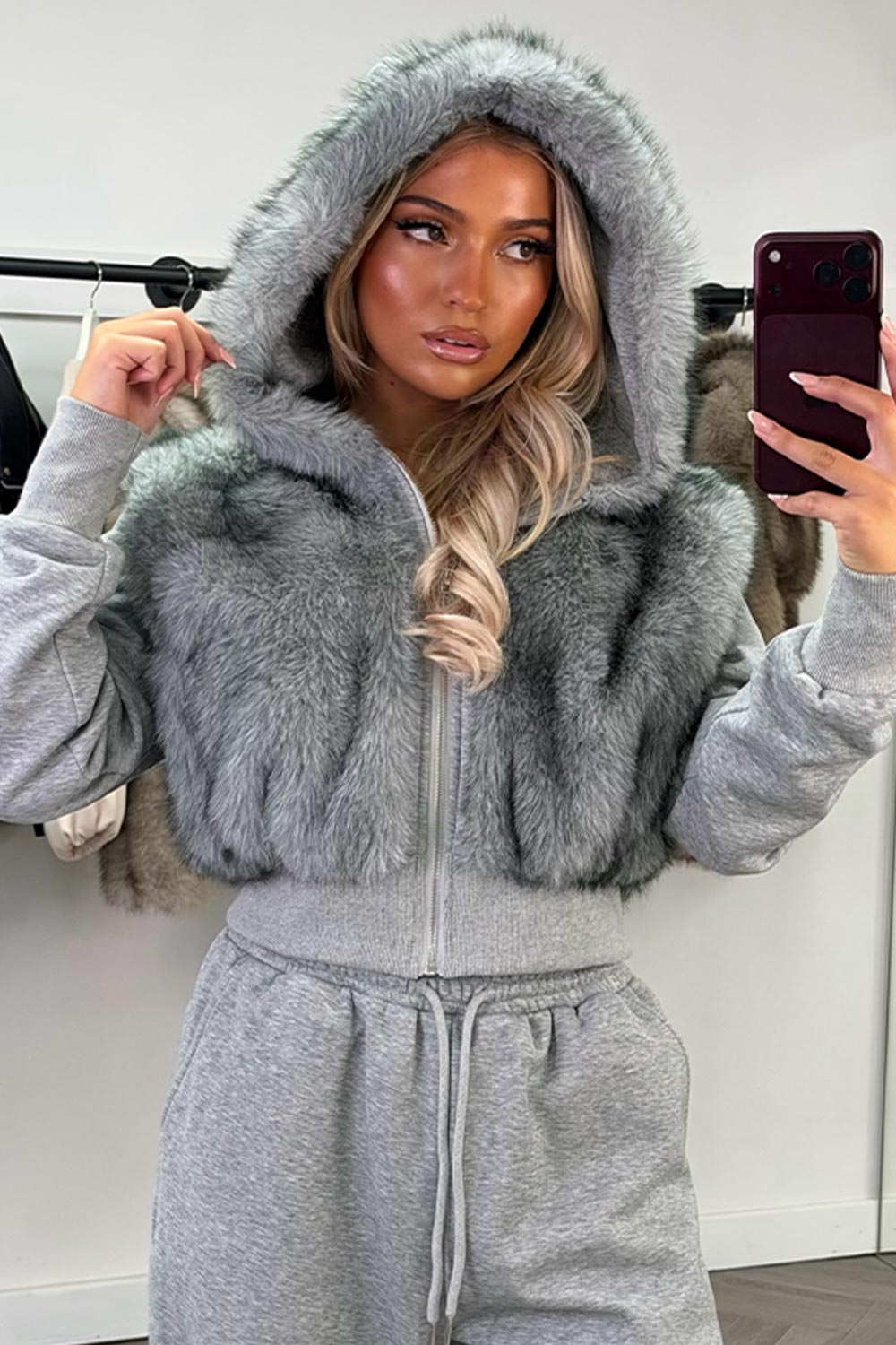 womens faux fur hoodie and joggers two piece co ord set styledup uk