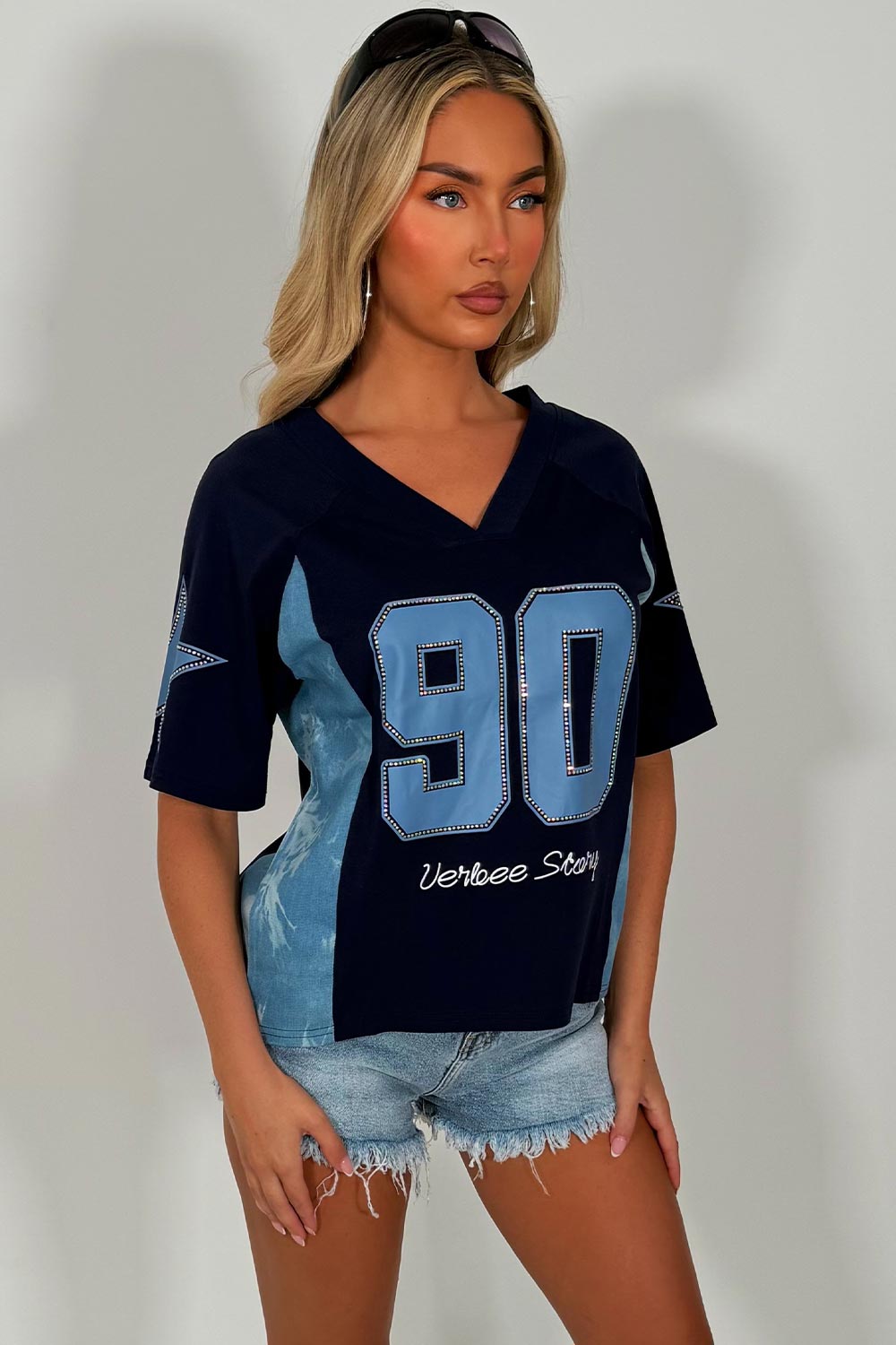 oversized t shirt with v neck diamante rhinestones styledup white fox uk