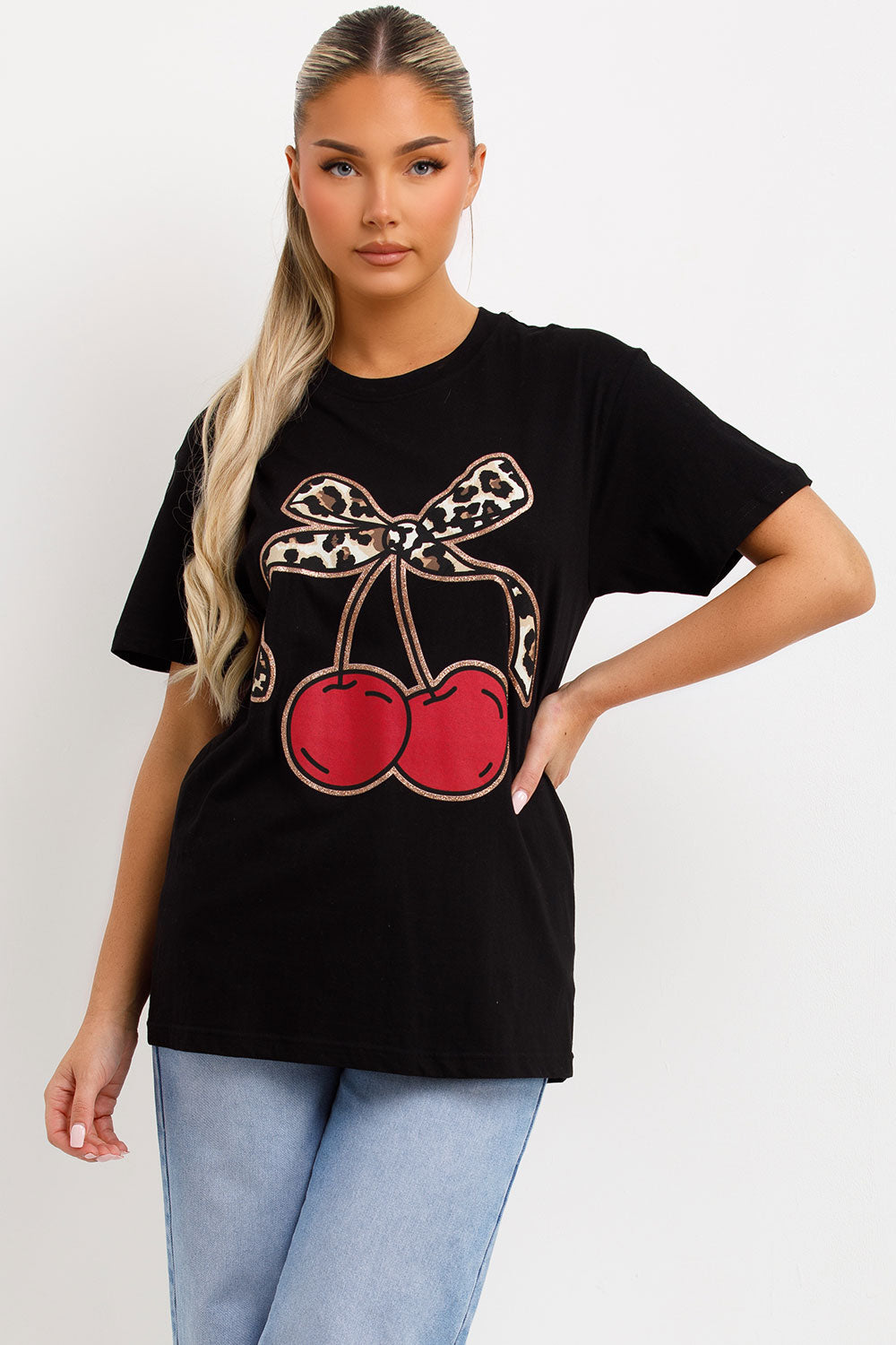 black t shirt with cherry print