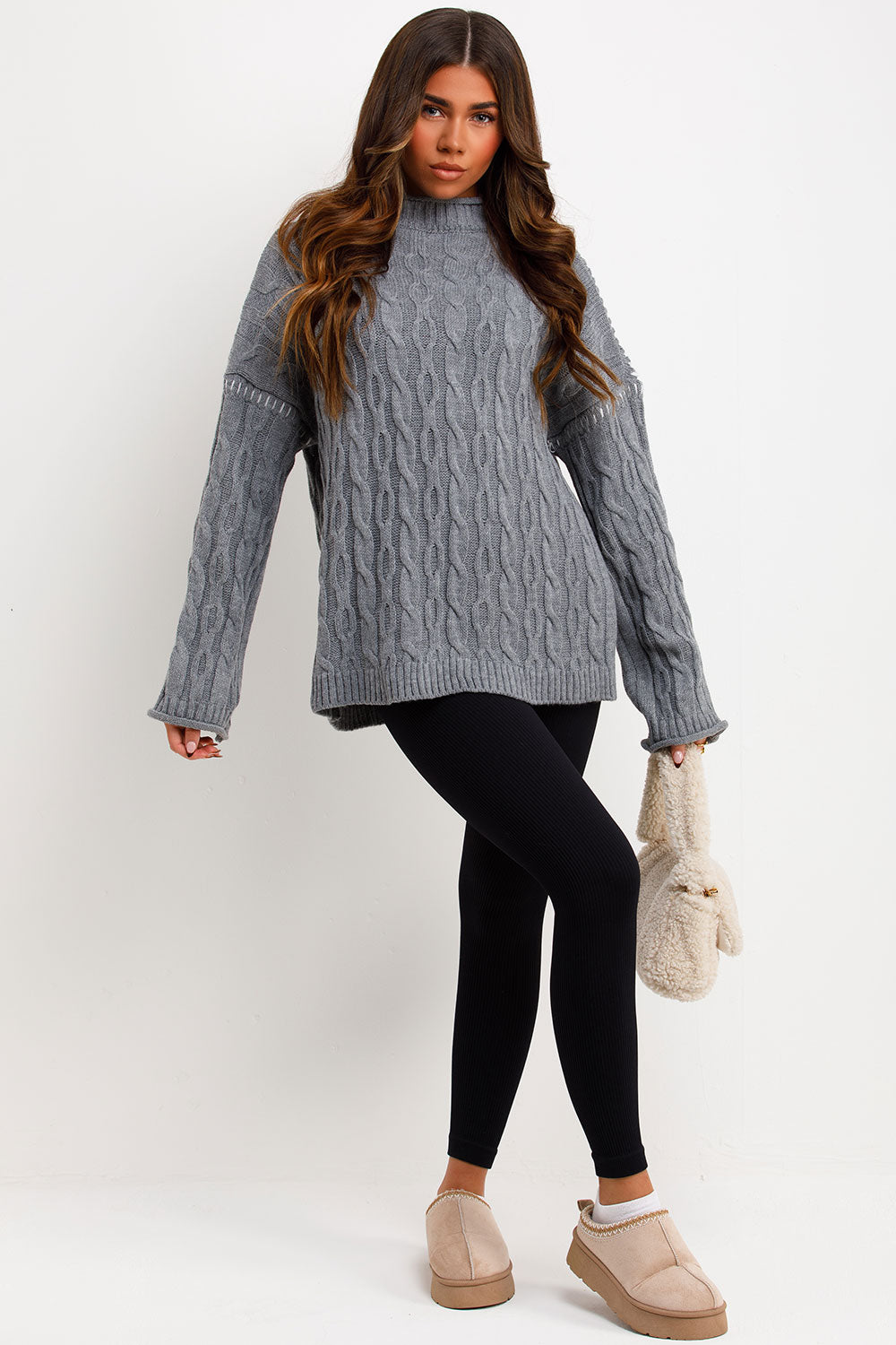 long sleeve knitted jumper with contrast stitches styled up