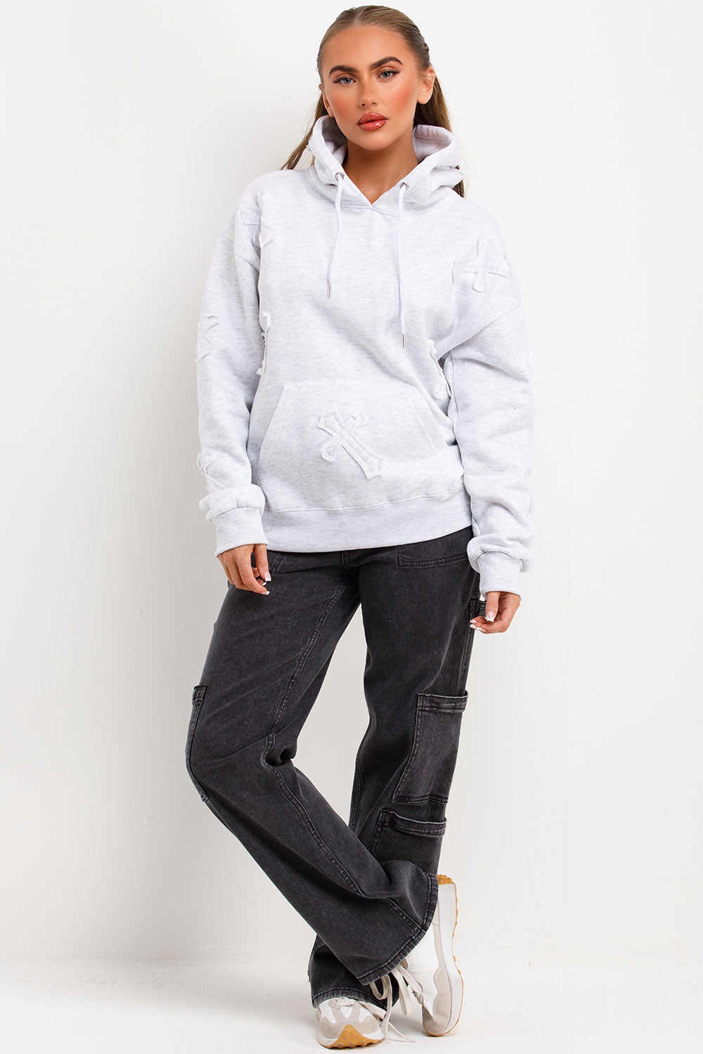 womens cross applique hoodie with kangaroo pockets