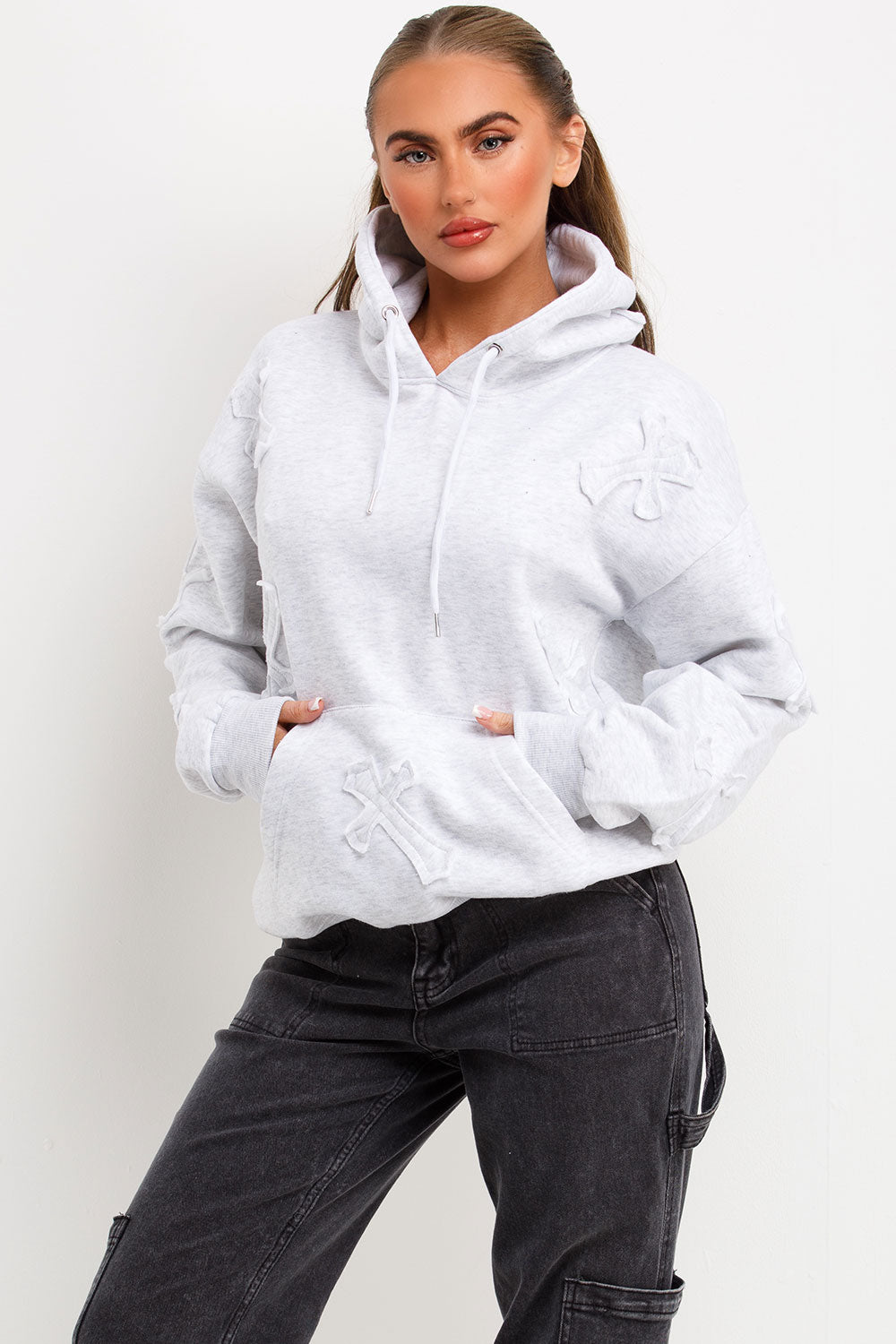 womens cross applique hoodie