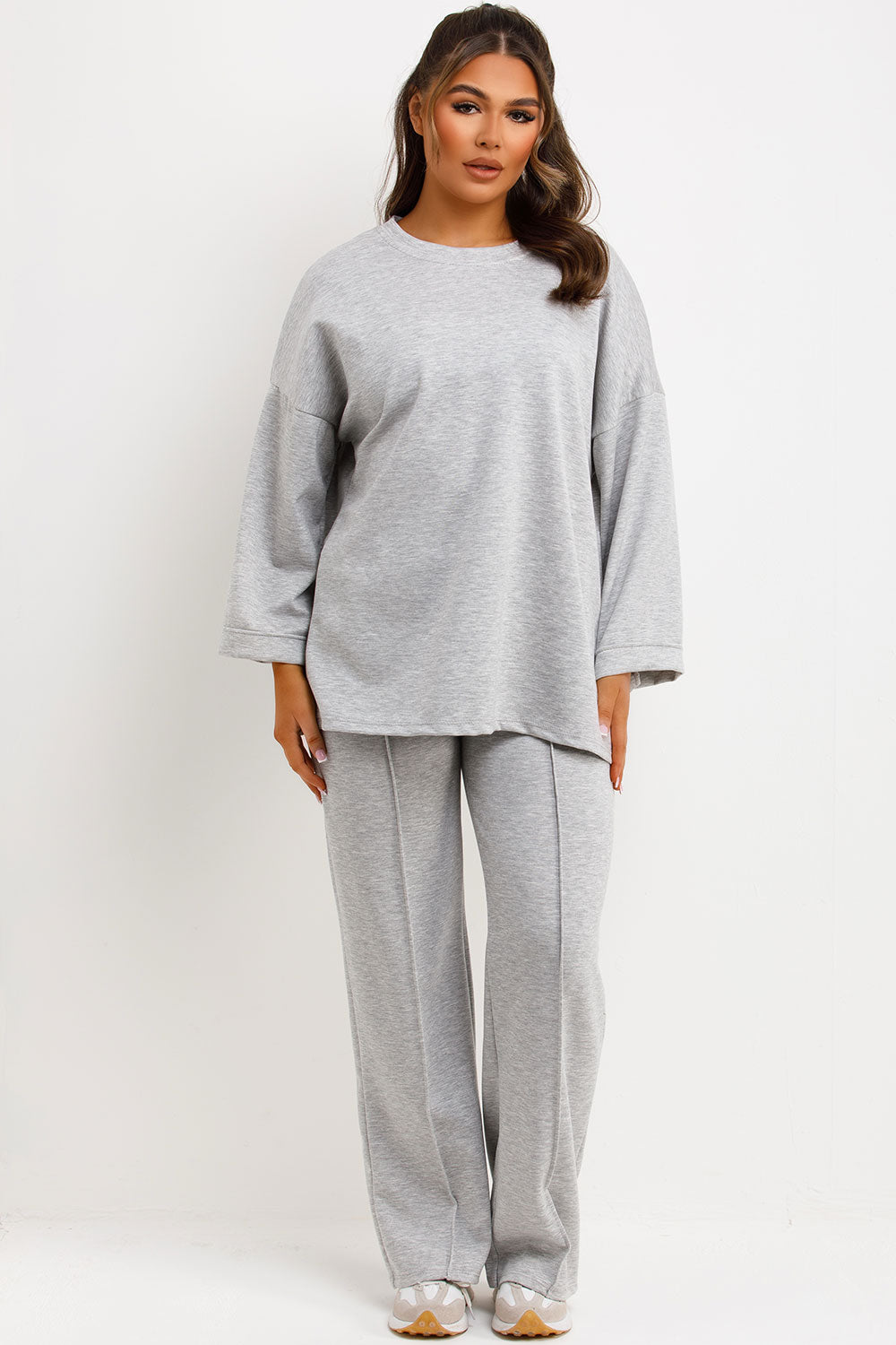 seam detail trousers and long sleeve top co ord loungewear set grey