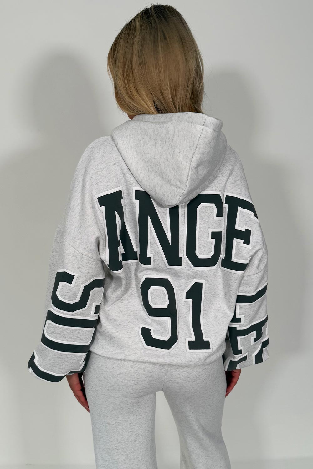 womens oversized hoodie and wide leg joggers with los angeles slogan tracksuit grey marl lounge set styledup