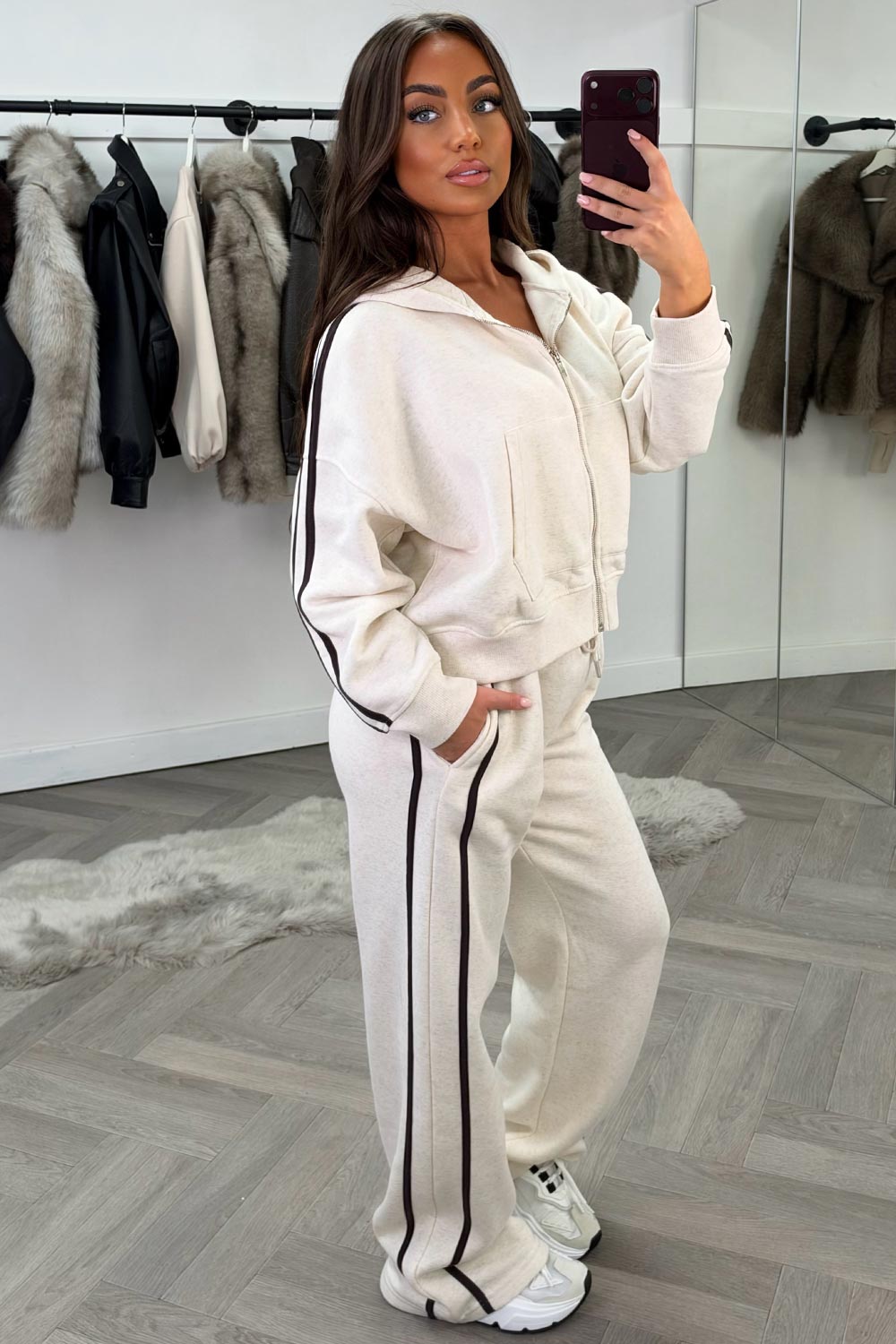 womens zara tracksuit set oat marl with black stripes uk