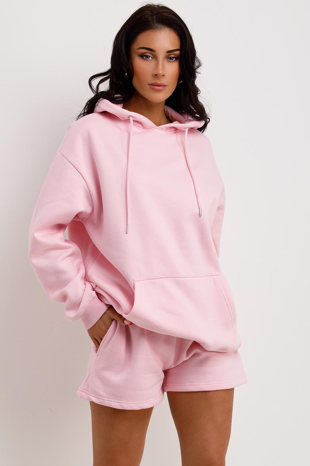 hooded sweatshirt and shorts tracksuit set pink loungewear set
