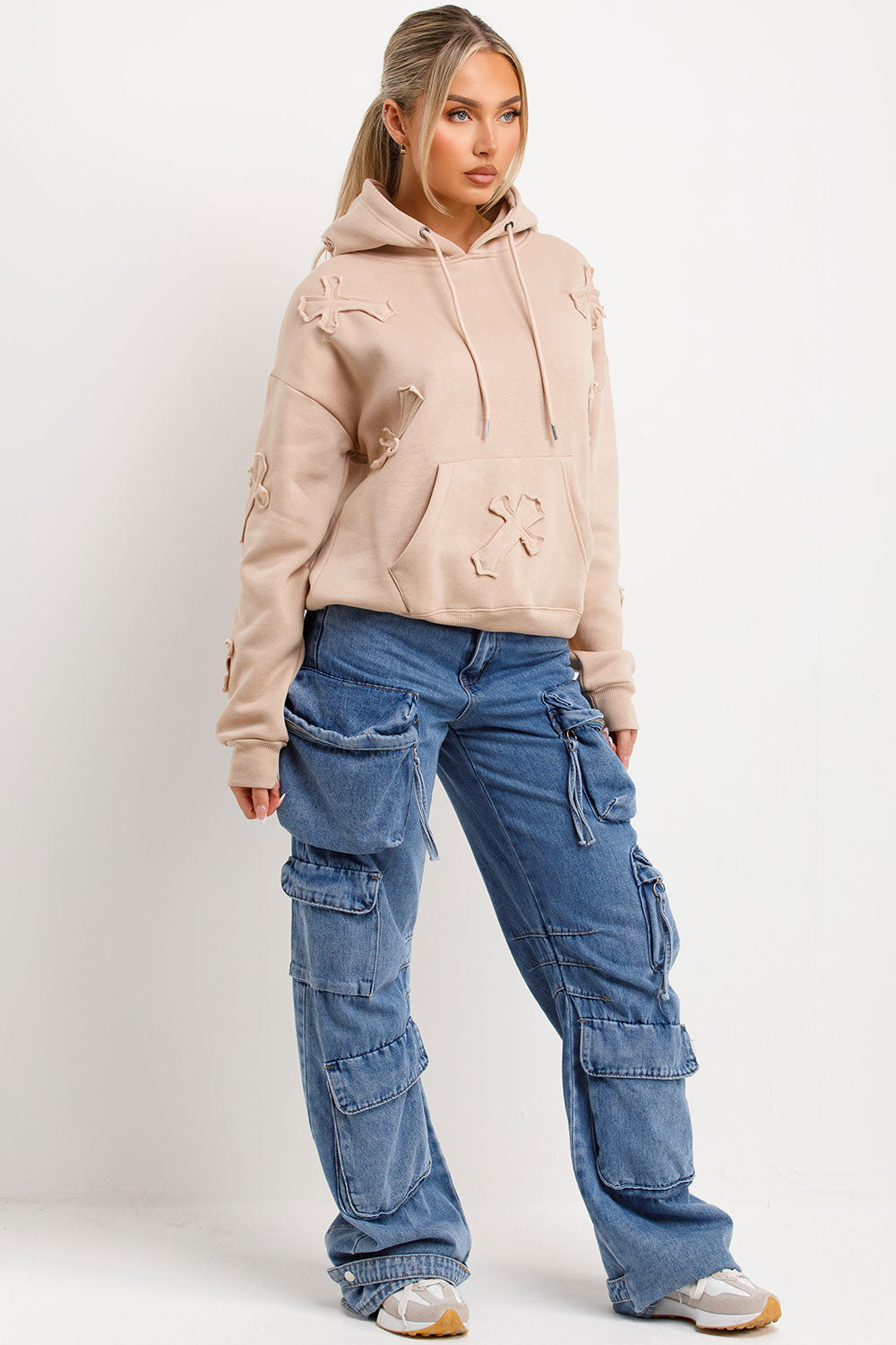 womens oversized hooded sweatshirt with cross applique