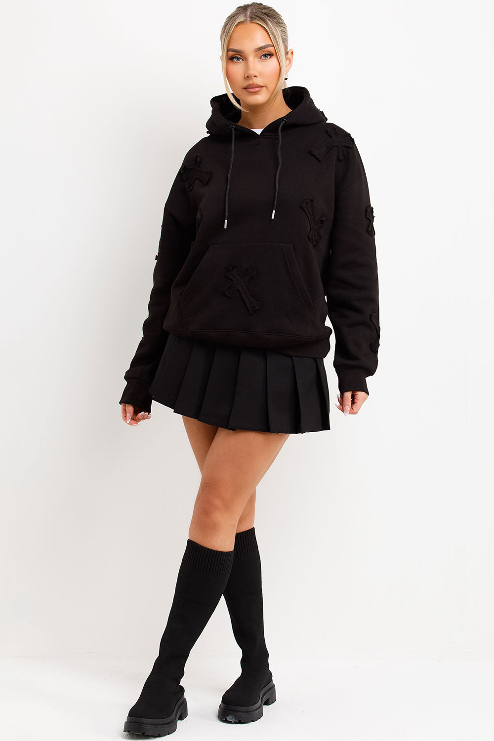 womens cross applique hoodie with kangaroo pockets