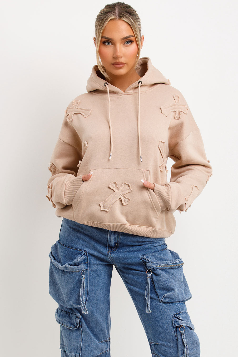 womens cross applique hoodie with kangaroo pockets
