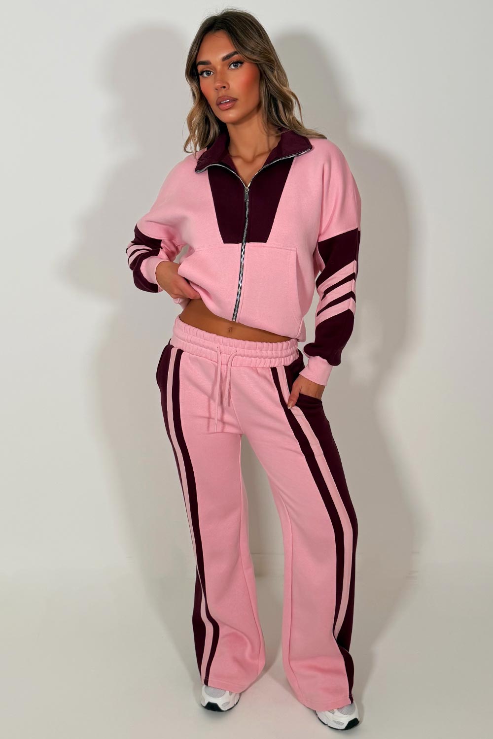 zip up sweatshirt top and wide leg joggers tracksuit for womens styledup airport outfit