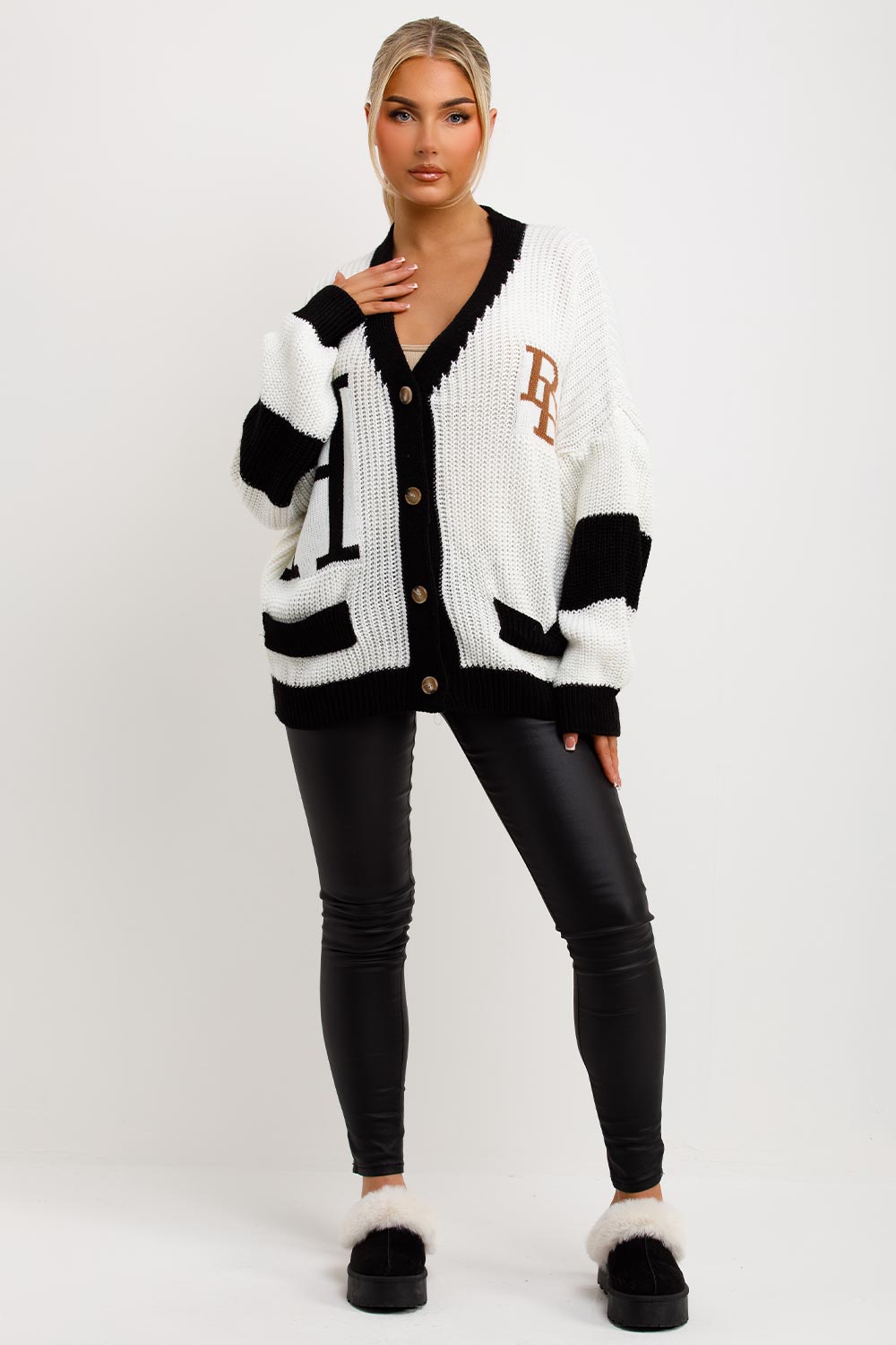 womens chunky knit cardigan with letter h