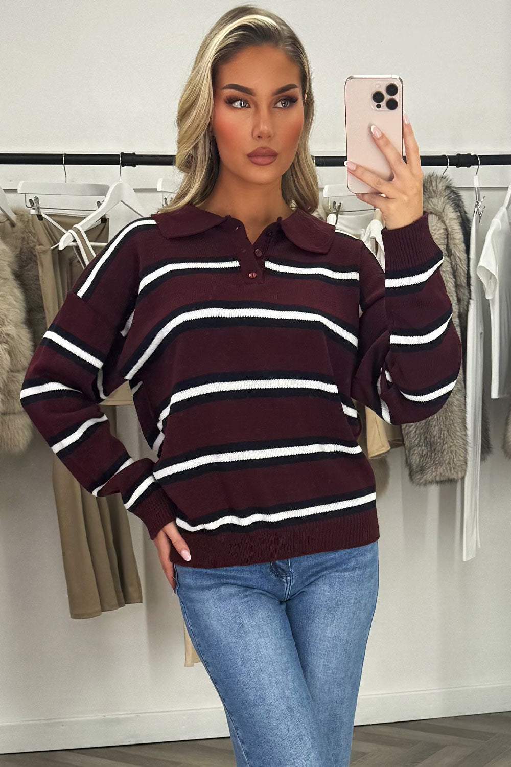womens rugby polo stripe knitted jumper top styledup