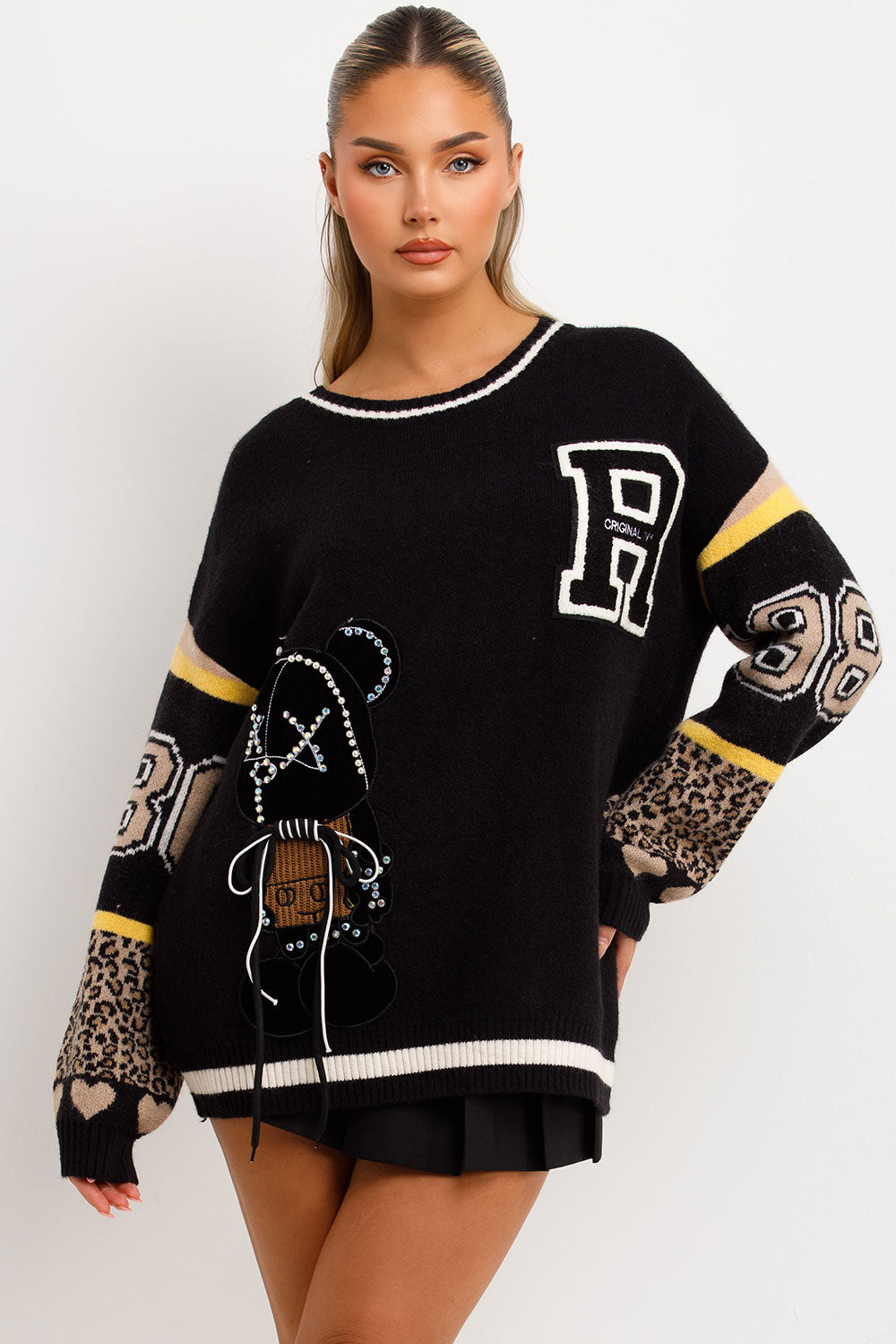 teddy bear knitted jumper with contrast leopard print and numbers detail womens