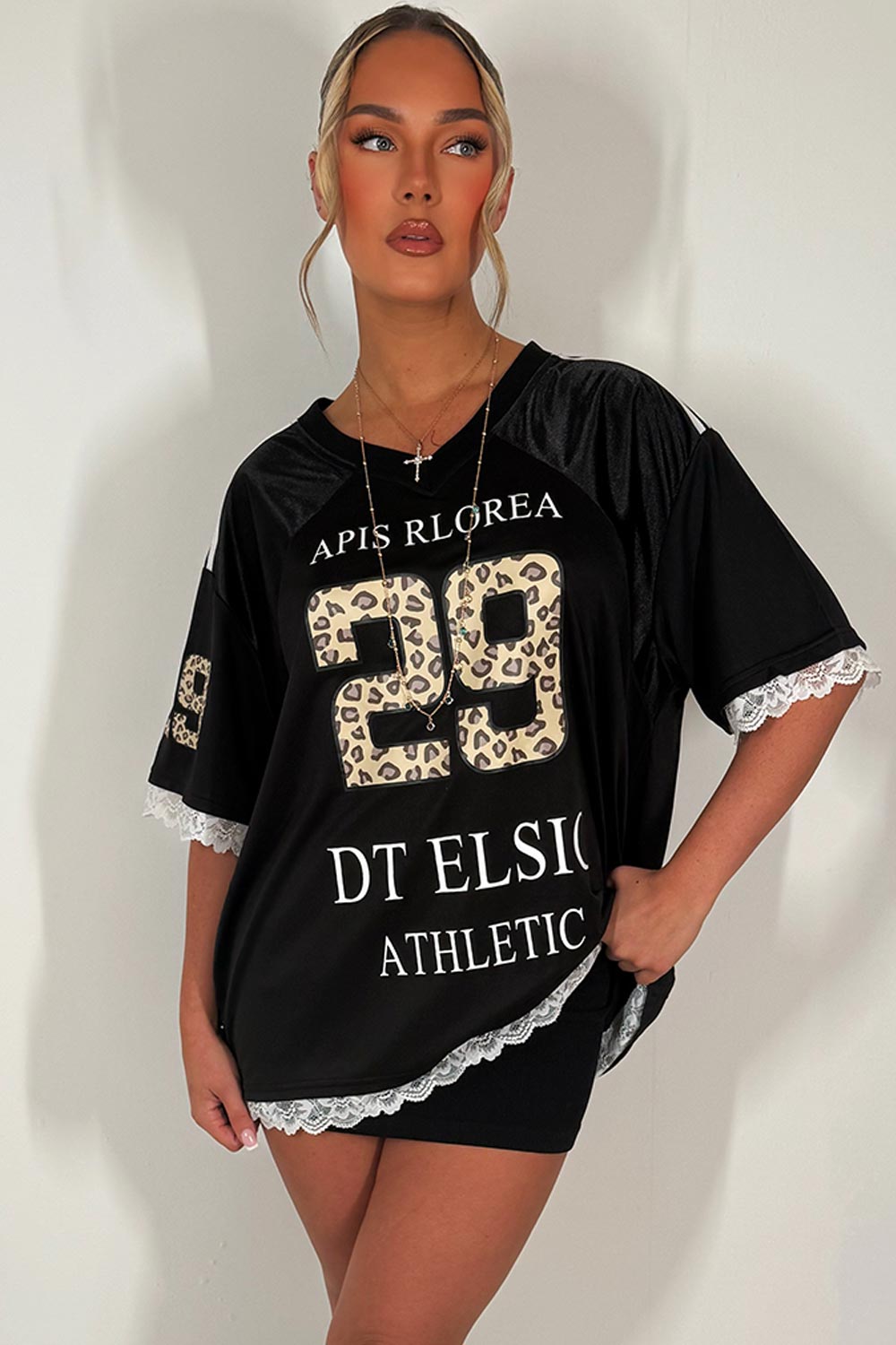 womens football jersey top with leopard print slogan and lace trim festival rave outfit